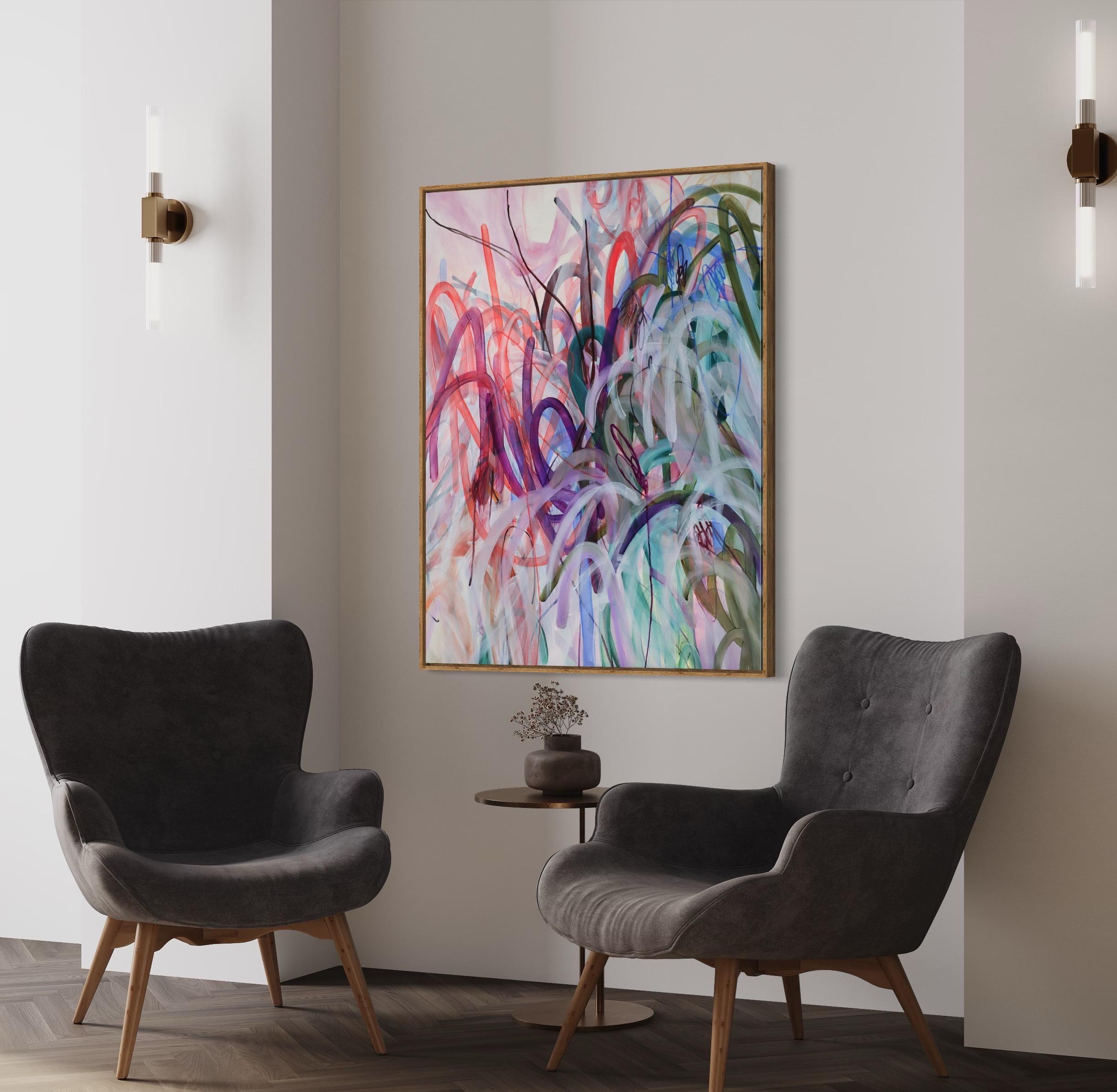 Modern abstract painting made with oil, acrylics, and oil pastels on canvas by Swedish artist Elin Kereby. Her colorful vibrant oil and mixed media paintings are influenced by her curiosity to understand the connection between the body, mind and the
