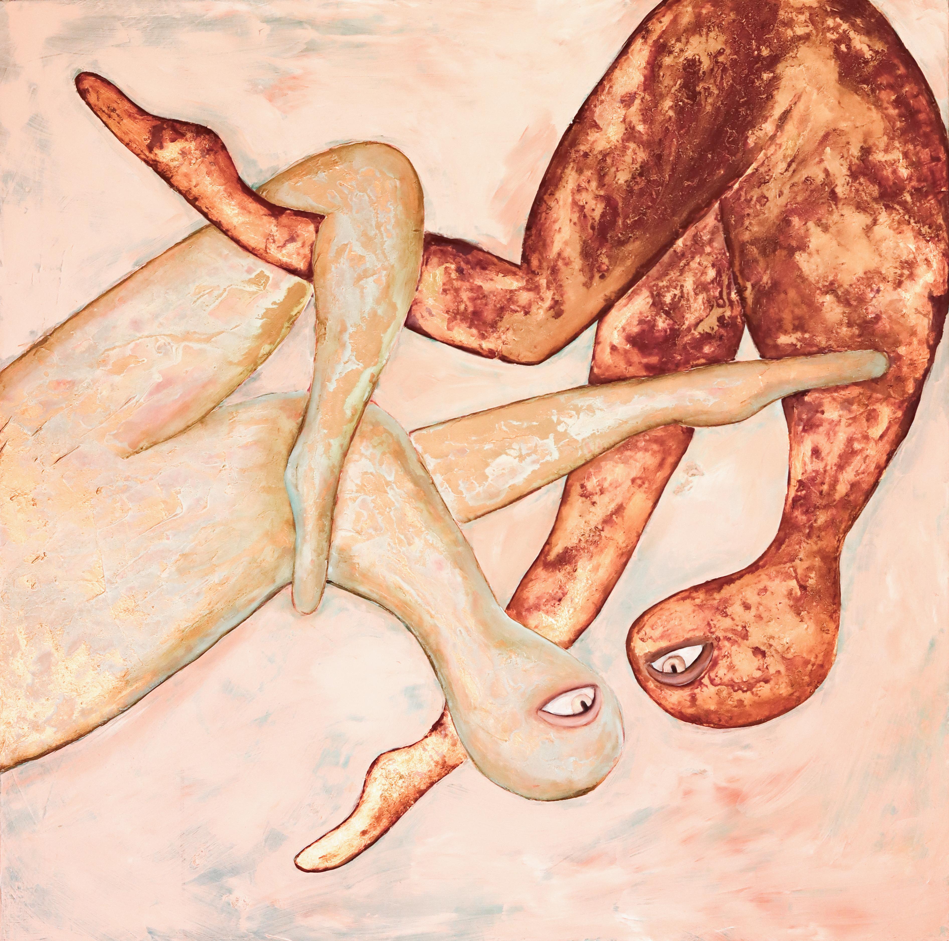 Figurative Painting Elin Kereby - « My Heart Holds Your Eternal Fire », métal doré, huile, acryliques sur toile 100x100cm