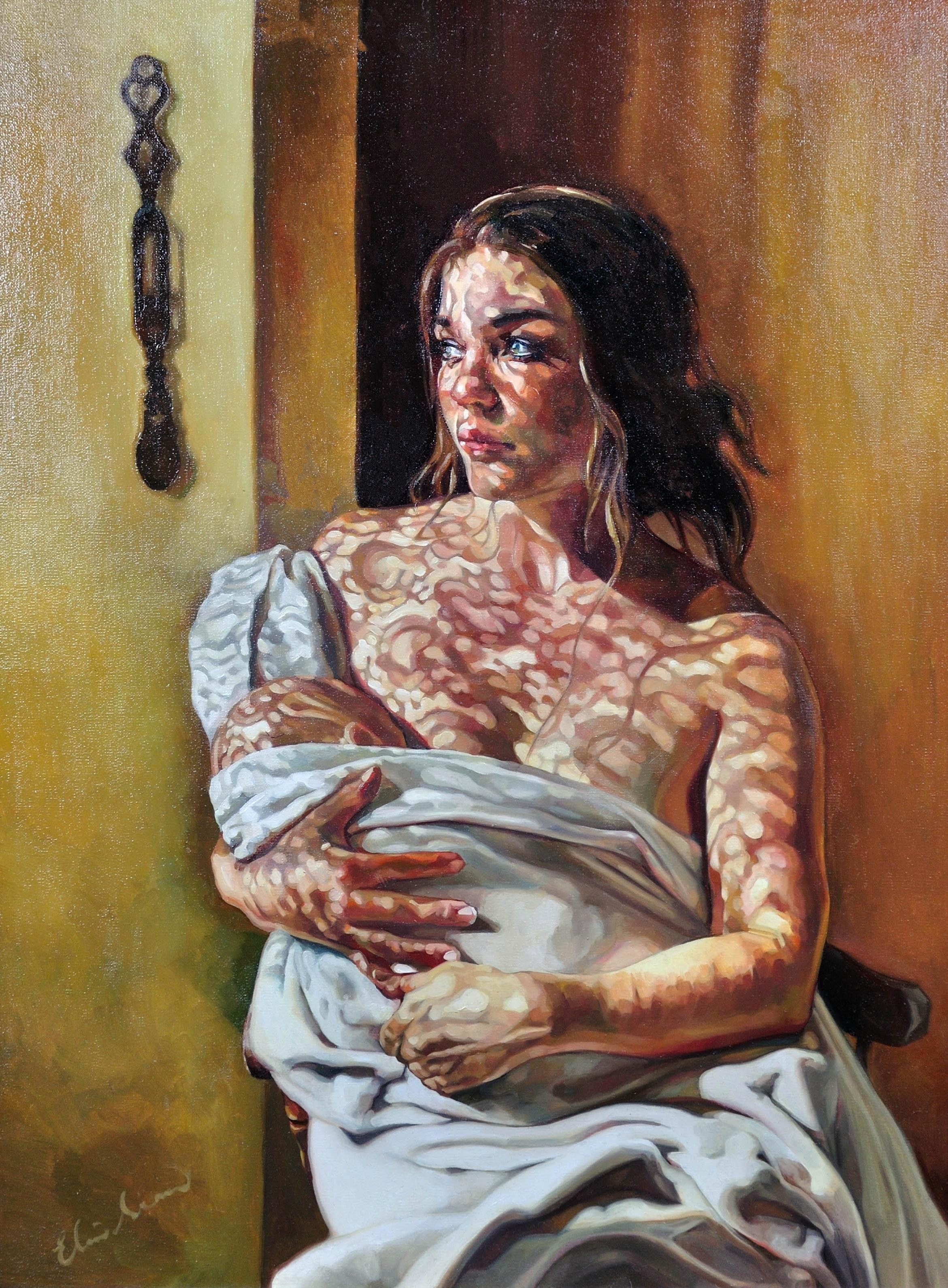 First Light. Mother & Baby. Welsh Blanket. Love Spoon. Maternal Love. - Painting by Elin Sian Blake