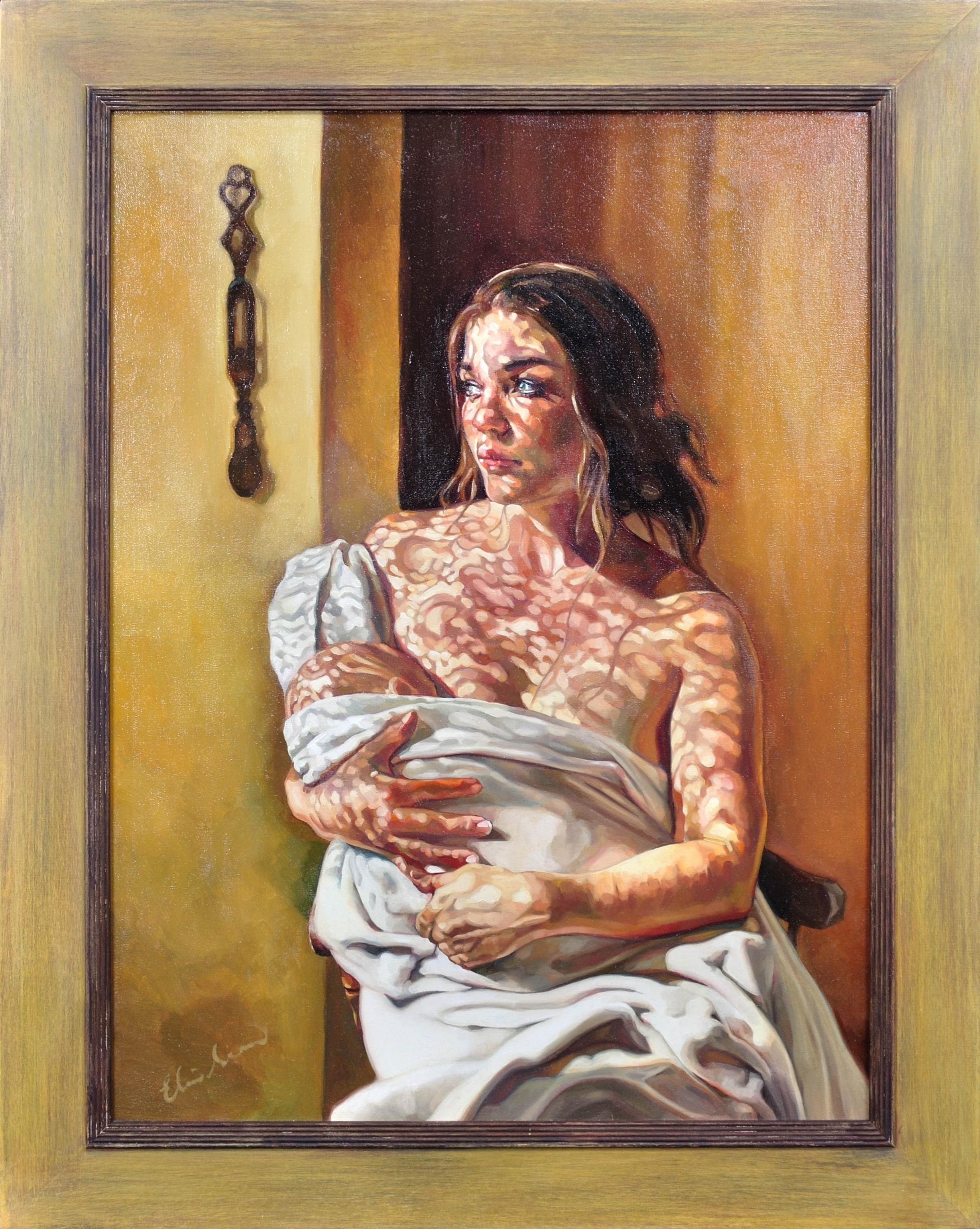 Elin Sian Blake Figurative Painting - First Light. Mother & Baby. Welsh Blanket. Love Spoon. Maternal Love.