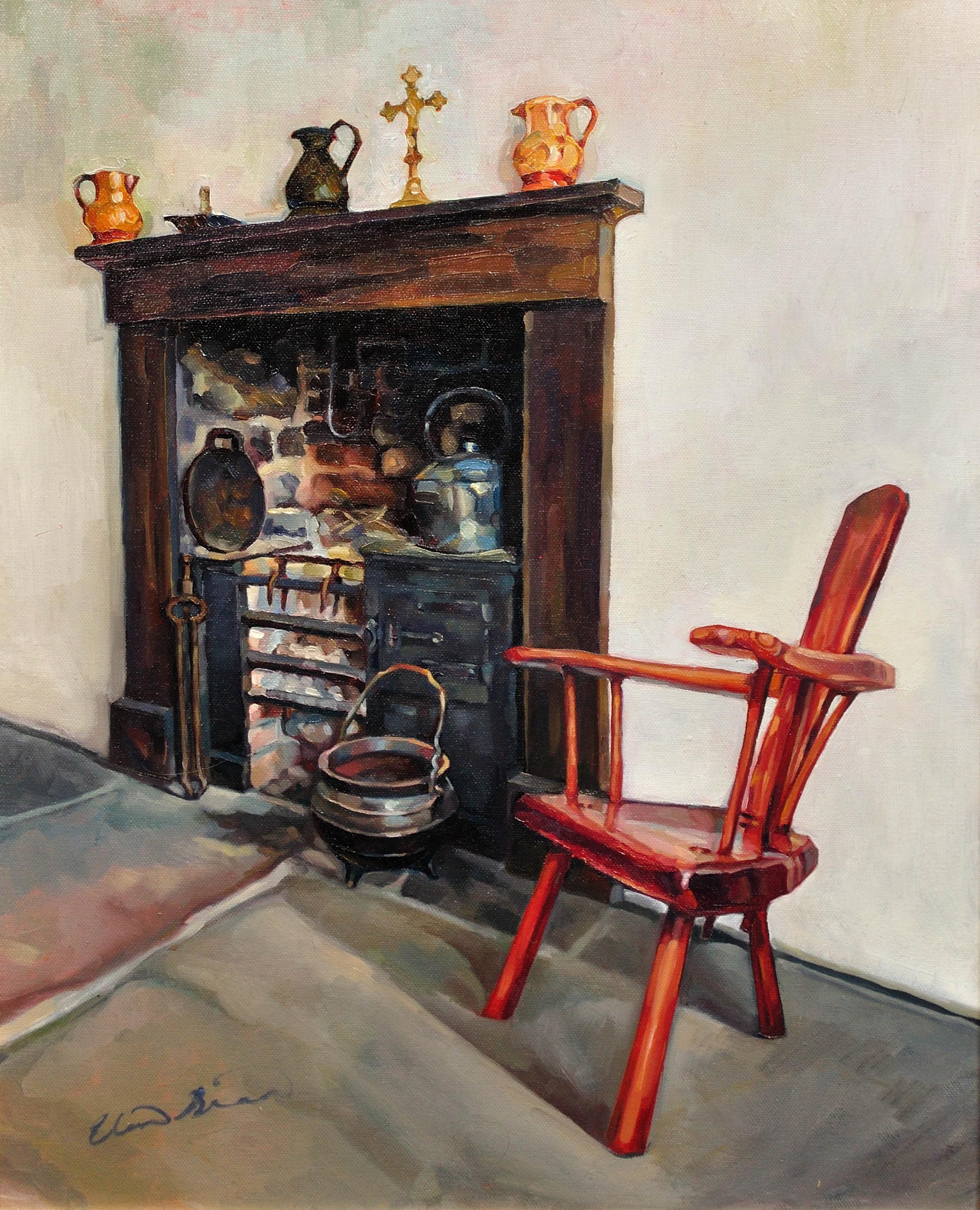 Ty Nain (Grandma’s House). A Welsh Cottage Interior. Hearth. Cast Iron Oven.  - Painting by Elin Sian Blake