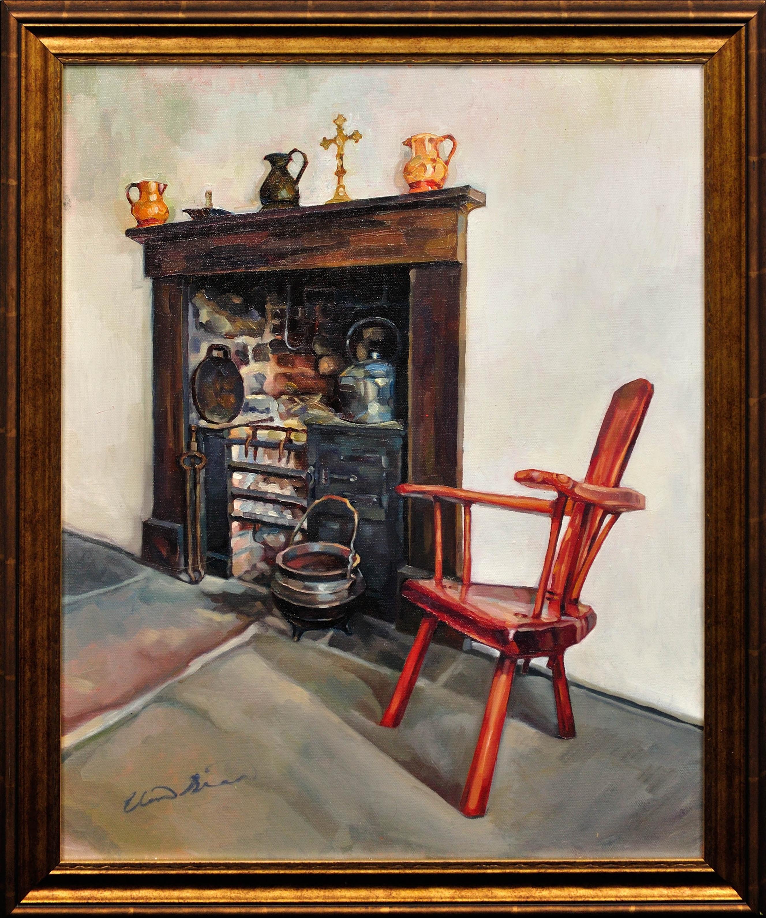 Elin Sian Blake Interior Painting - Ty Nain (Grandma’s House). A Welsh Cottage Interior. Hearth. Cast Iron Oven. 