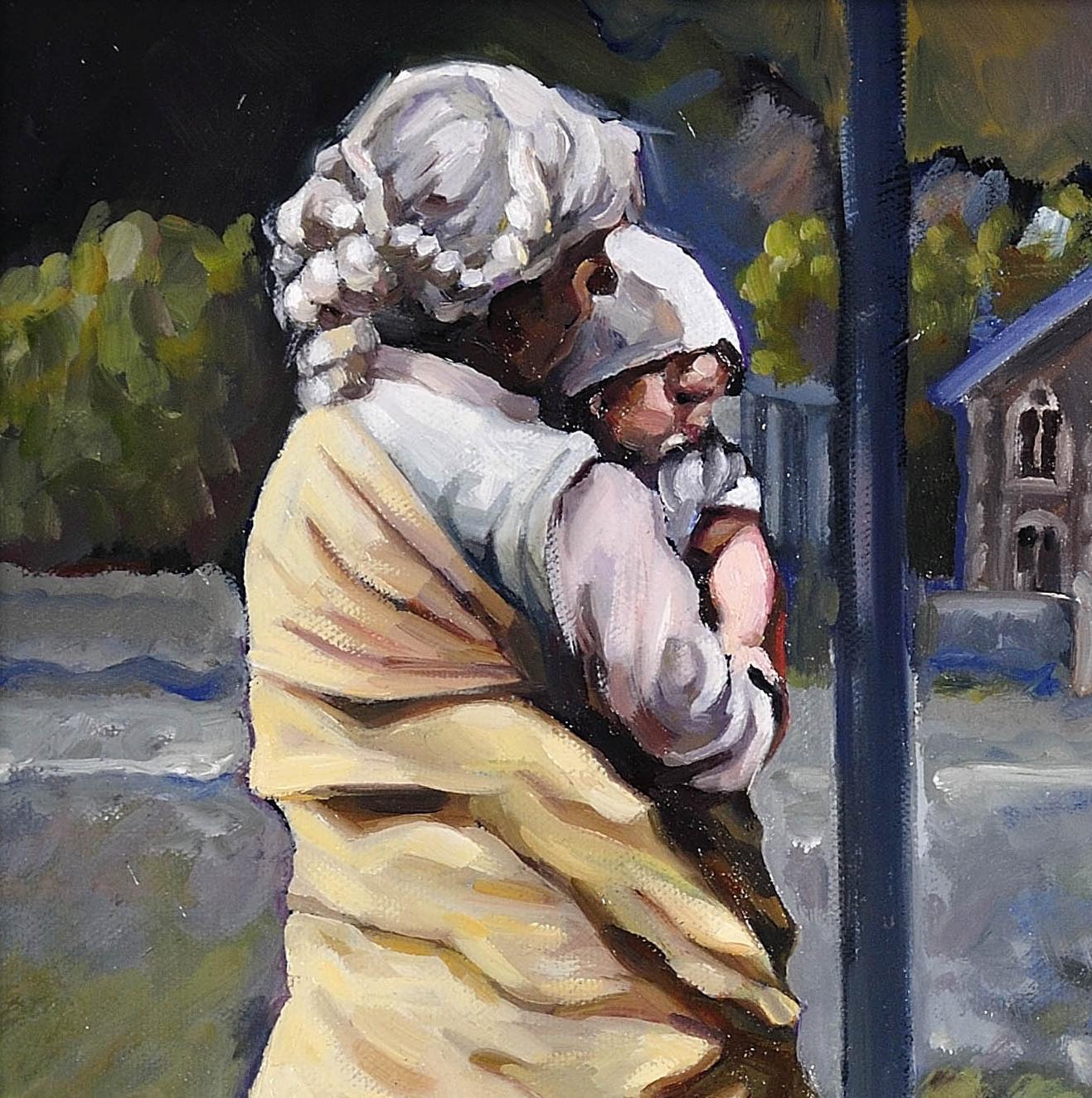 Waiting for dad (Disgwyl dad). Welsh working life, the everyday life. - Expressionist Painting by Elin Sian Blake