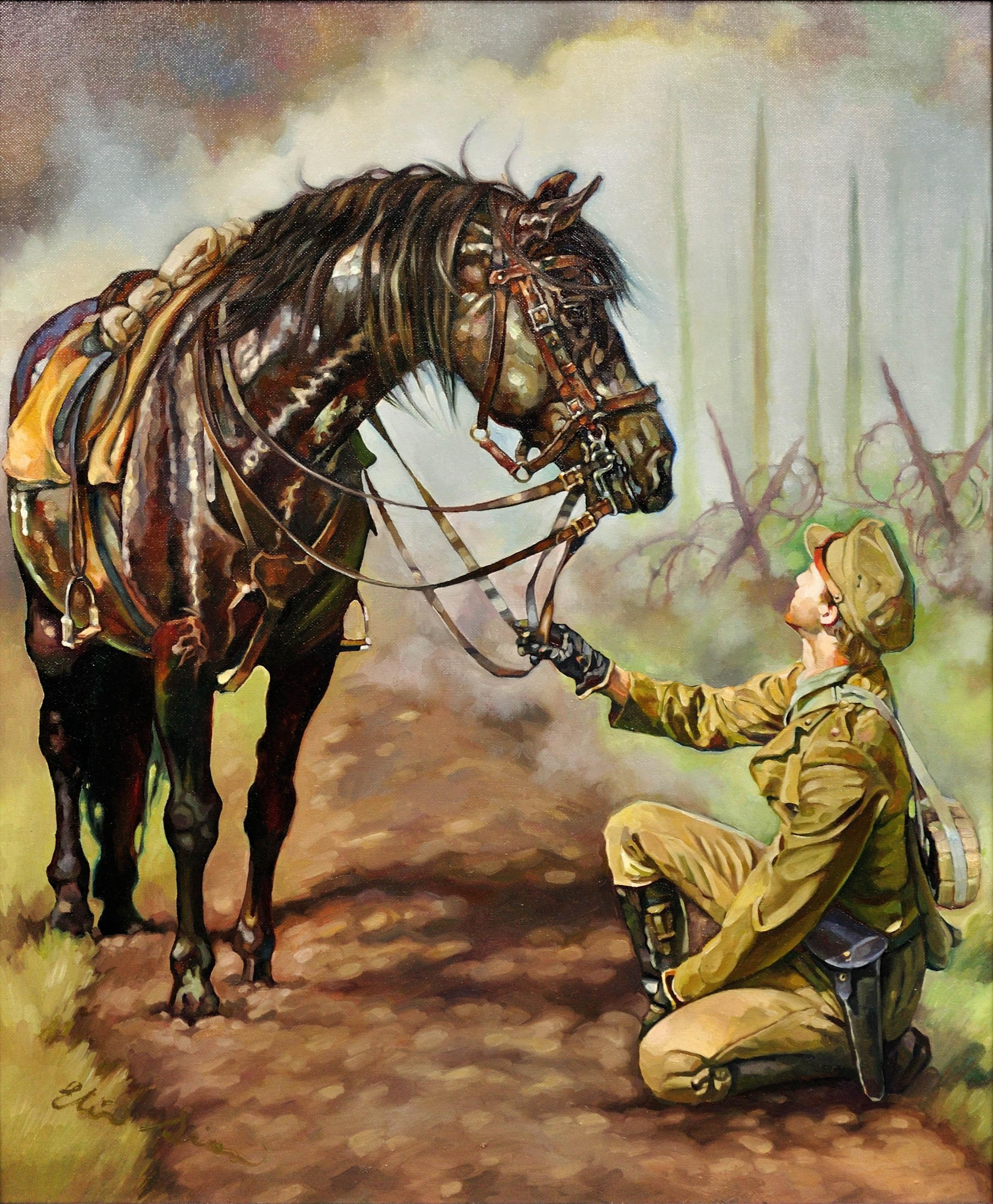 Cheval de guerre. N'oublions pas. Hommage au souvenir de la Grande Guerre WW1. Horse Black Bay Horse. - Painting de Elin Sian Blake
