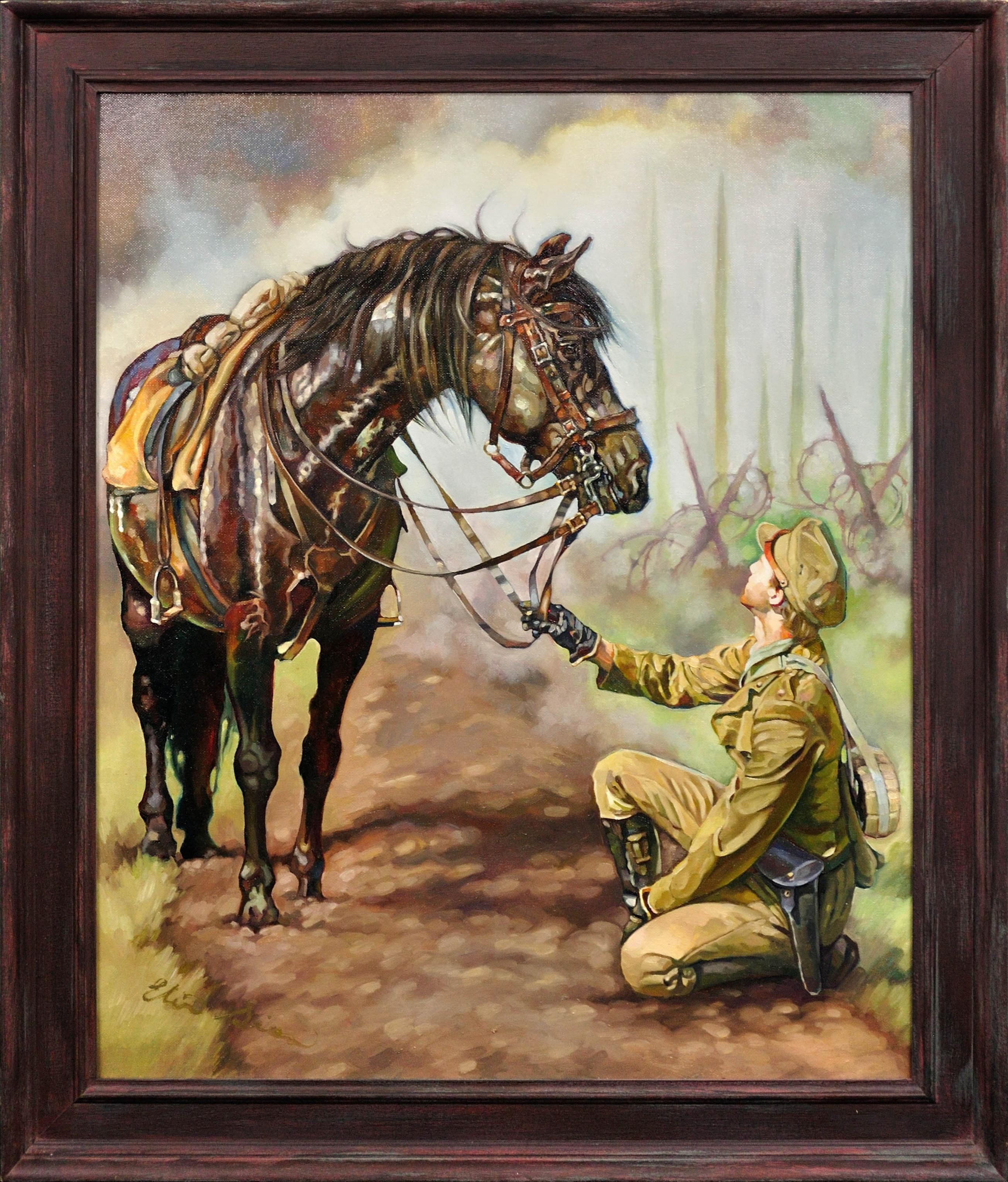 Figurative Painting Elin Sian Blake - Cheval de guerre. N'oublions pas. Hommage au souvenir de la Grande Guerre WW1. Horse Black Bay Horse.