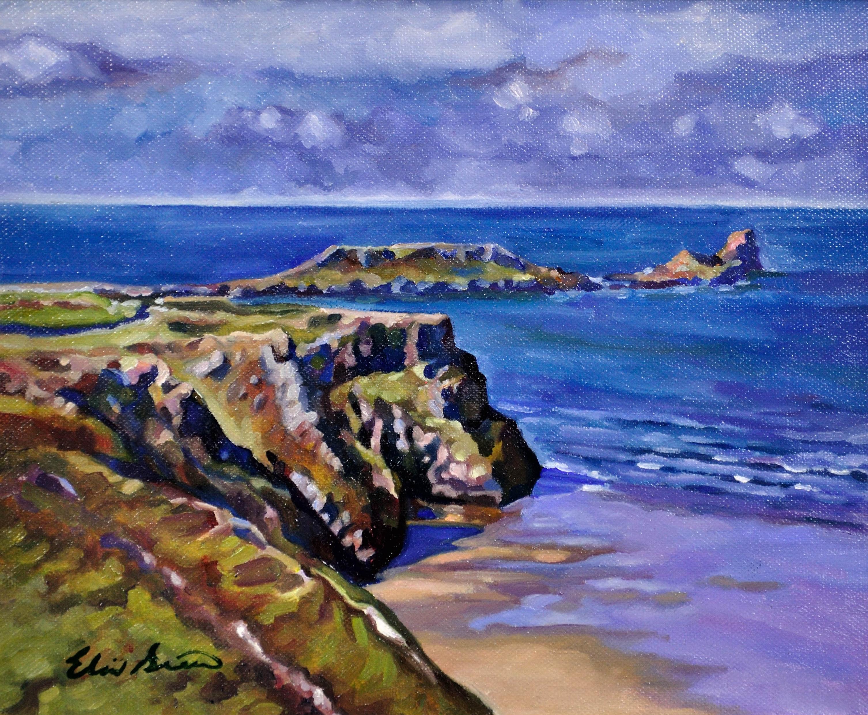 Worm's Head Pen Pyrrod The Gower Peninsula Rhossili Swansea Bay South Wales - Painting de Elin Sian Blake