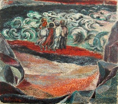 Elin Svipdag (1905-1987) Pointillist Oil painting People at the Sea Sweden 1983