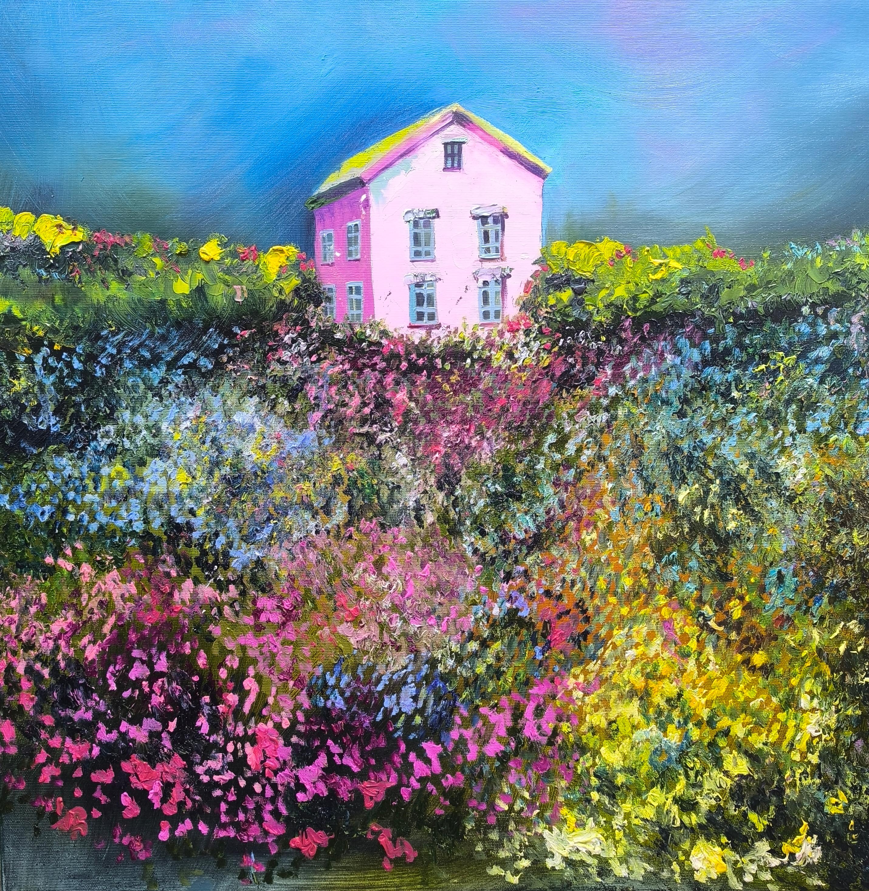 Landscape Painting Elina Bilous - "Casa di iris, giacinti e margherite"