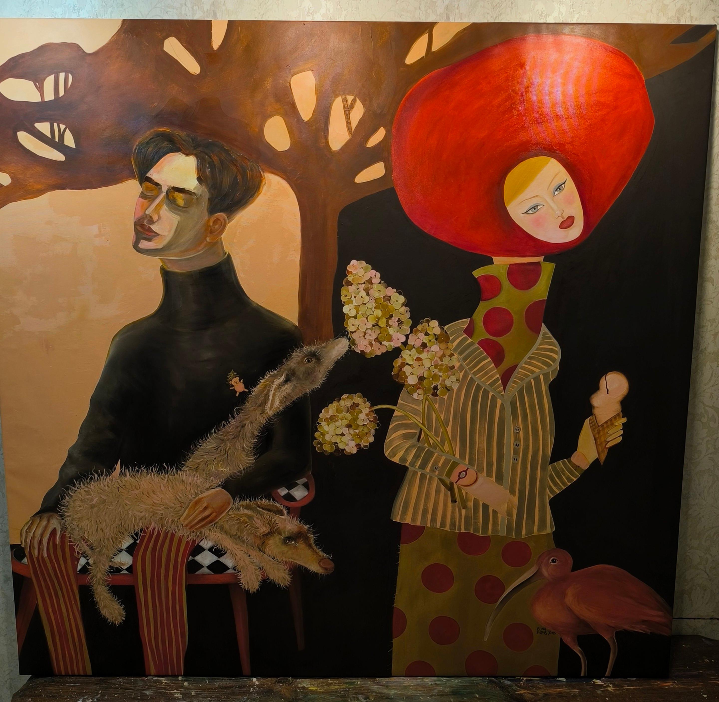 Elina Bilous Portrait Painting - "Little Red Riding Hood and the Wolves and the Woodcutter"