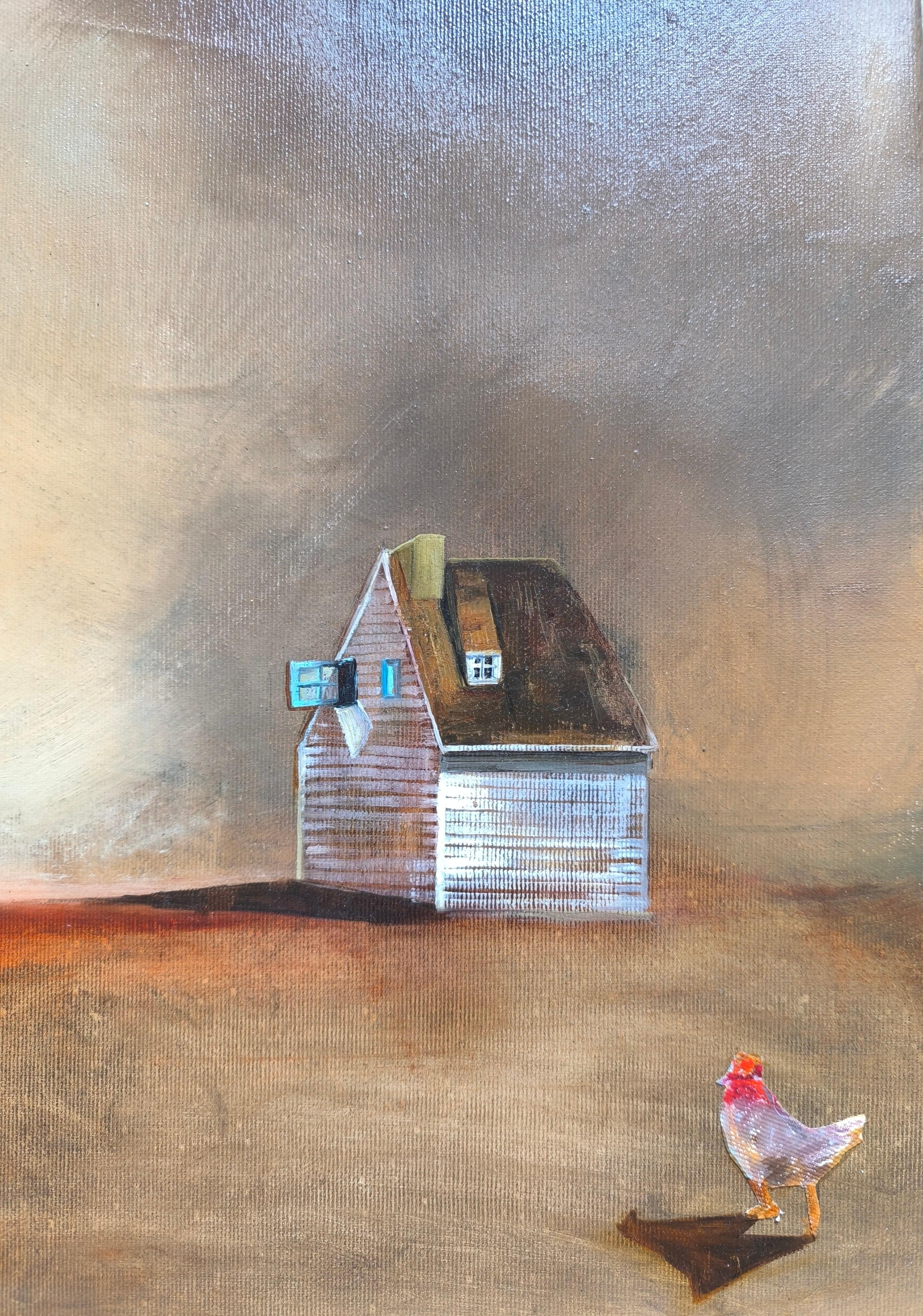 La gallina Lucy e il suo grande piano - Abstract Painting Marrone di Elina Bilous