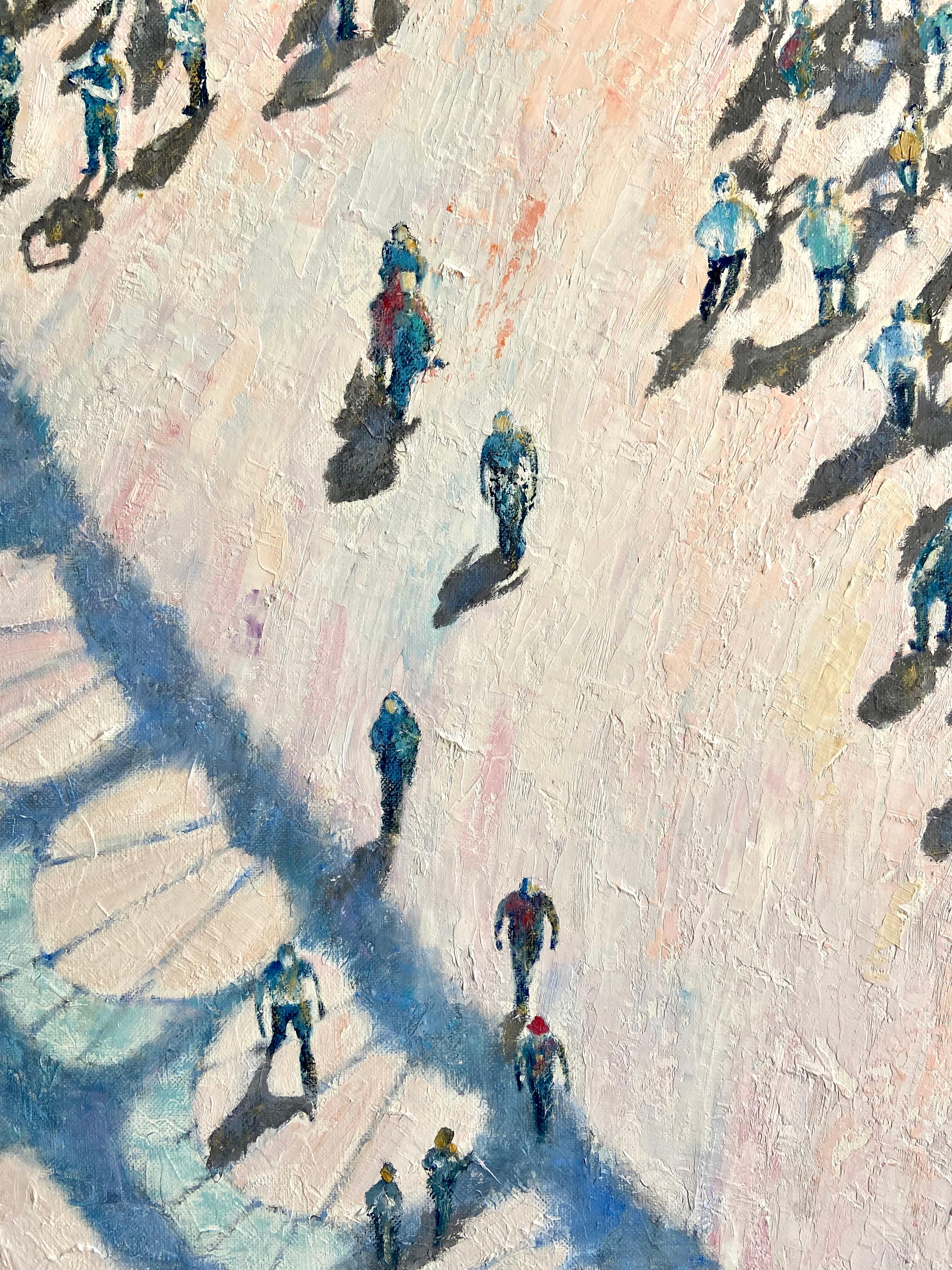 Shadows & Light Paris gives the spectator a birds eye perspective of the Eiffel tower's first floor; the cast shadow of the building with the visitor's standing in line for the ticket office. The painting is executed in rich layered oil paint in