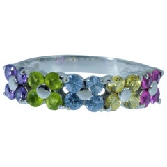 Elini Signed Ring with Multicolored Stone Floral Design in 18 Karat White Gold