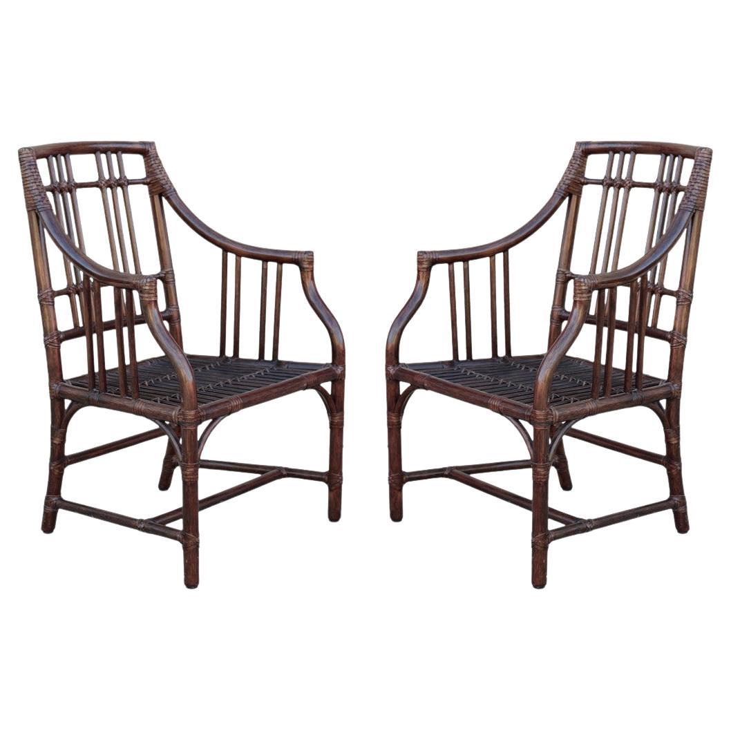 Elinor McGuire Balboa Rattan Arm Chairs or Dining Chairs, a Pair