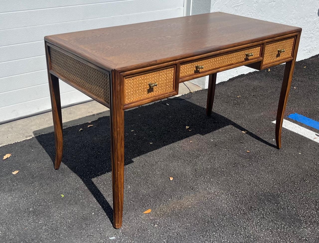 Elinor McGuire Caned Three Drawer Desk Desk with Chair In Excellent Condition In Ft. Lauderdale, FL