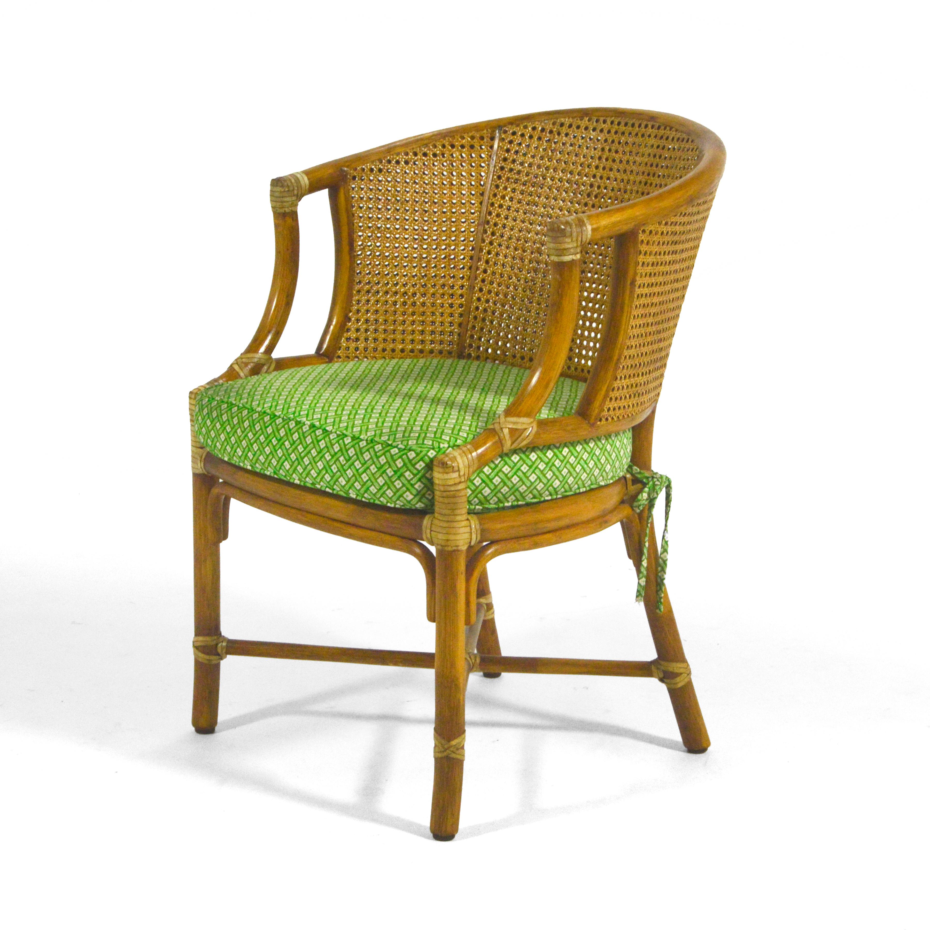 Elinor McGuire designed this model M-86c occasional chair for McGuire of San Fransisco, the company she started with her husband John. The only thing more impressive than the many subtle design details, is the quality of construction. McGuire