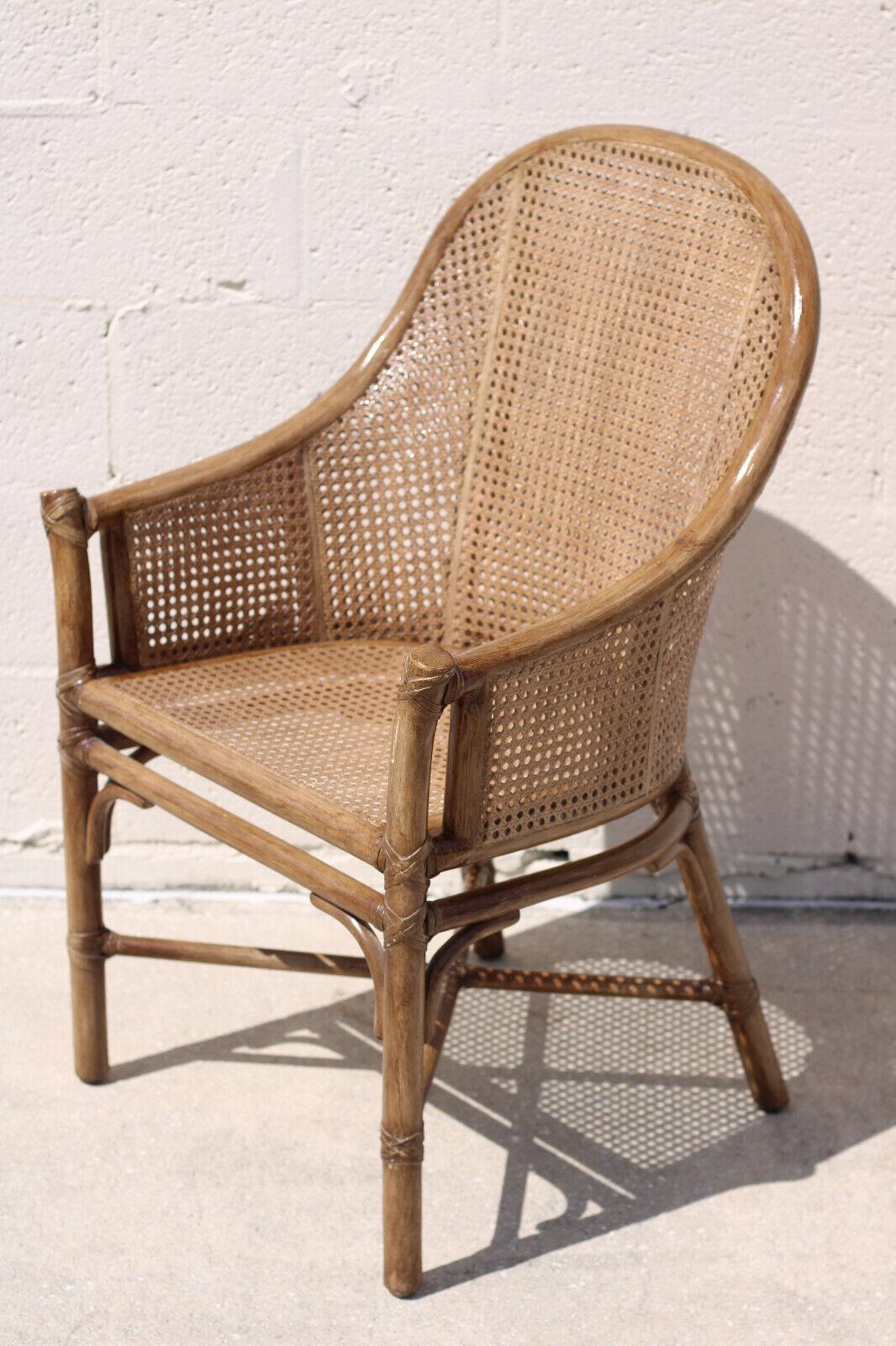 Organic Modern Elinor McGuire Rattan Caned Barrel Back Arm Chairs, a Pair For Sale