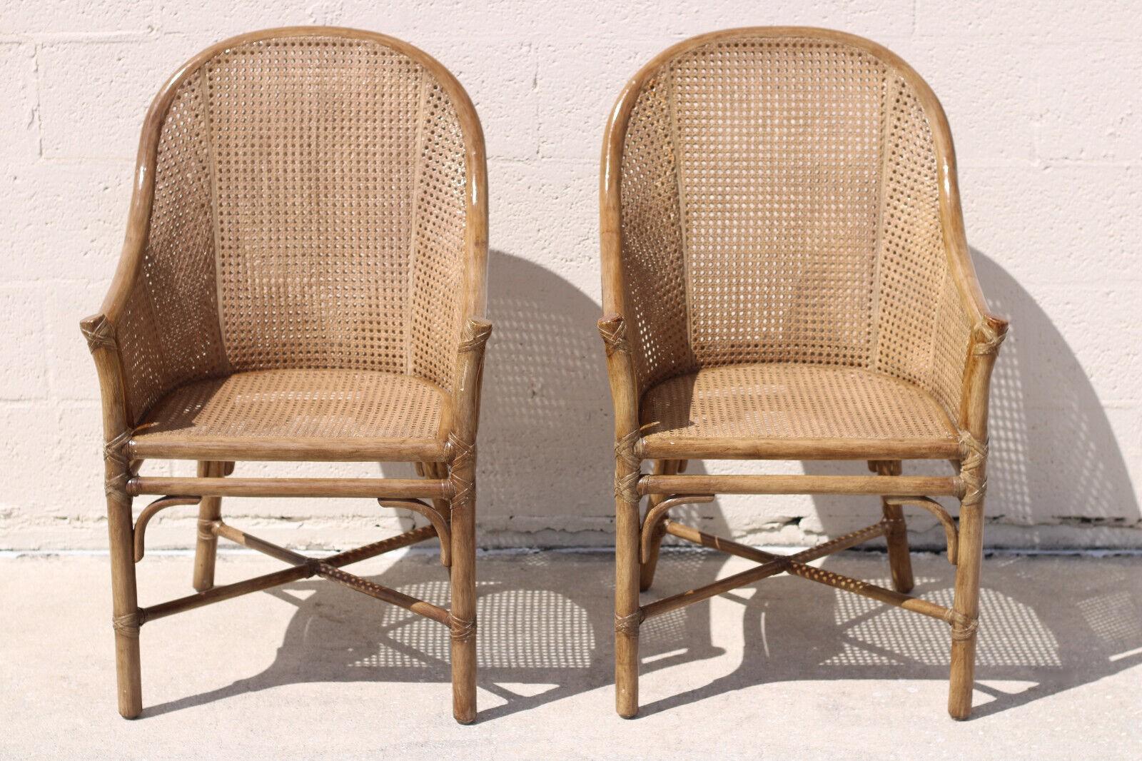 American Elinor McGuire Rattan Caned Barrel Back Arm Chairs, a Pair For Sale