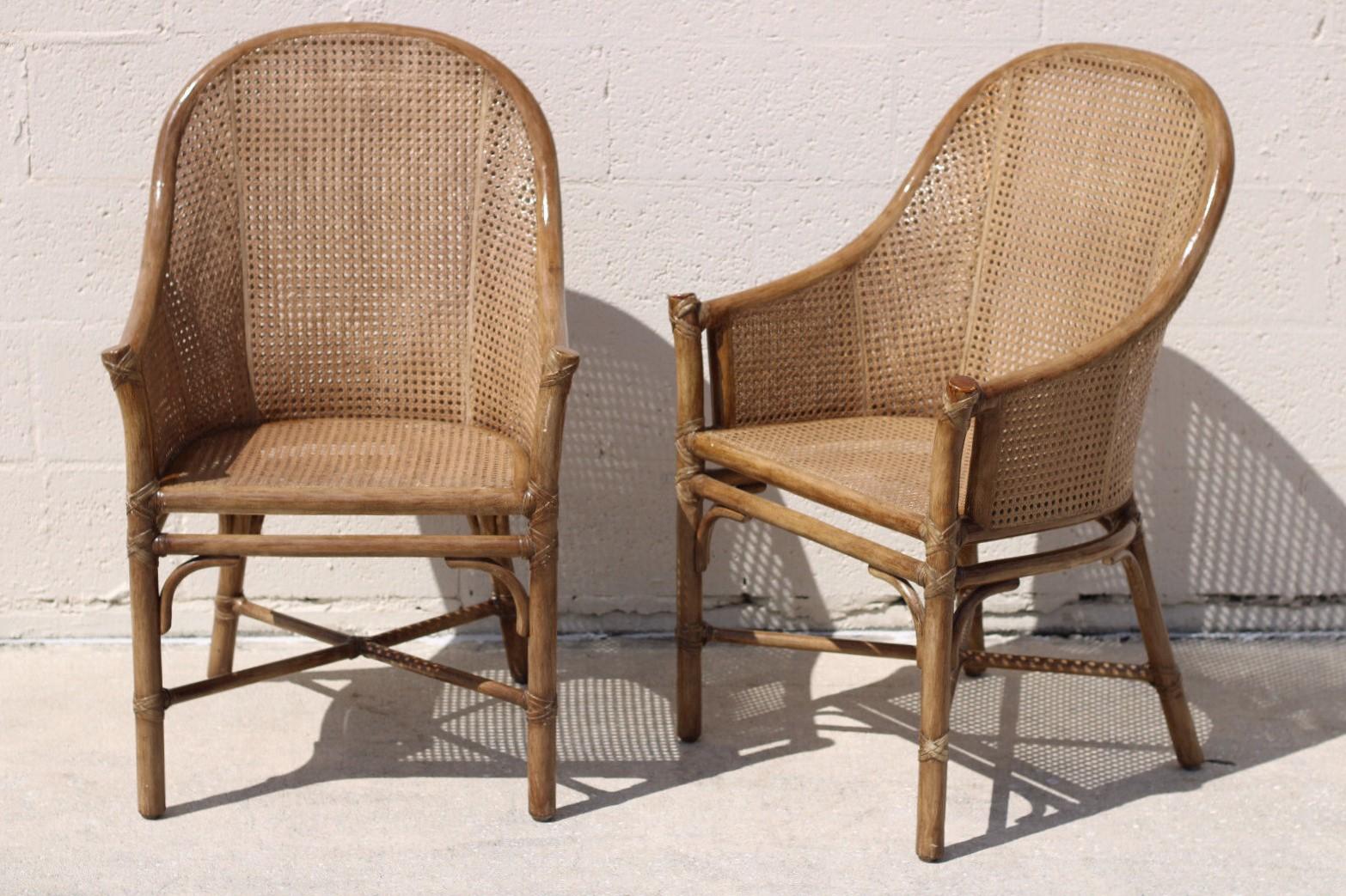 Hand-Crafted Elinor McGuire Rattan Caned Barrel Back Arm Chairs, a Pair For Sale