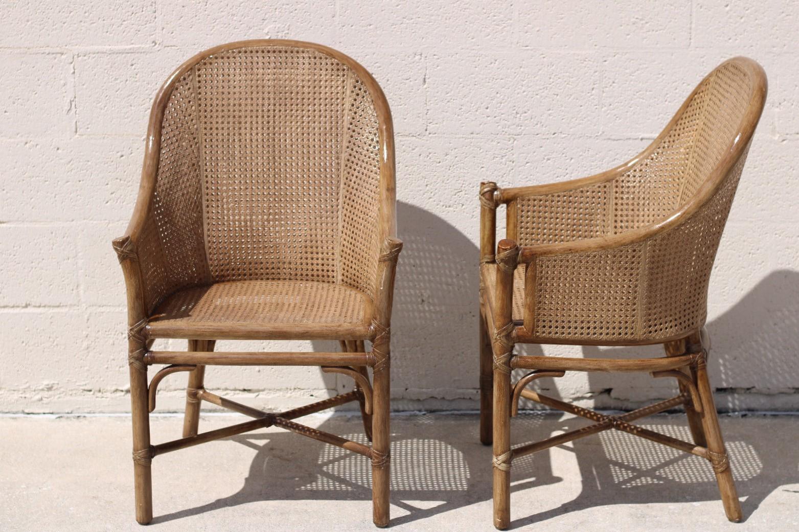 Elinor McGuire Rattan Caned Barrel Back Arm Chairs, a Pair In Good Condition For Sale In Vero Beach, FL