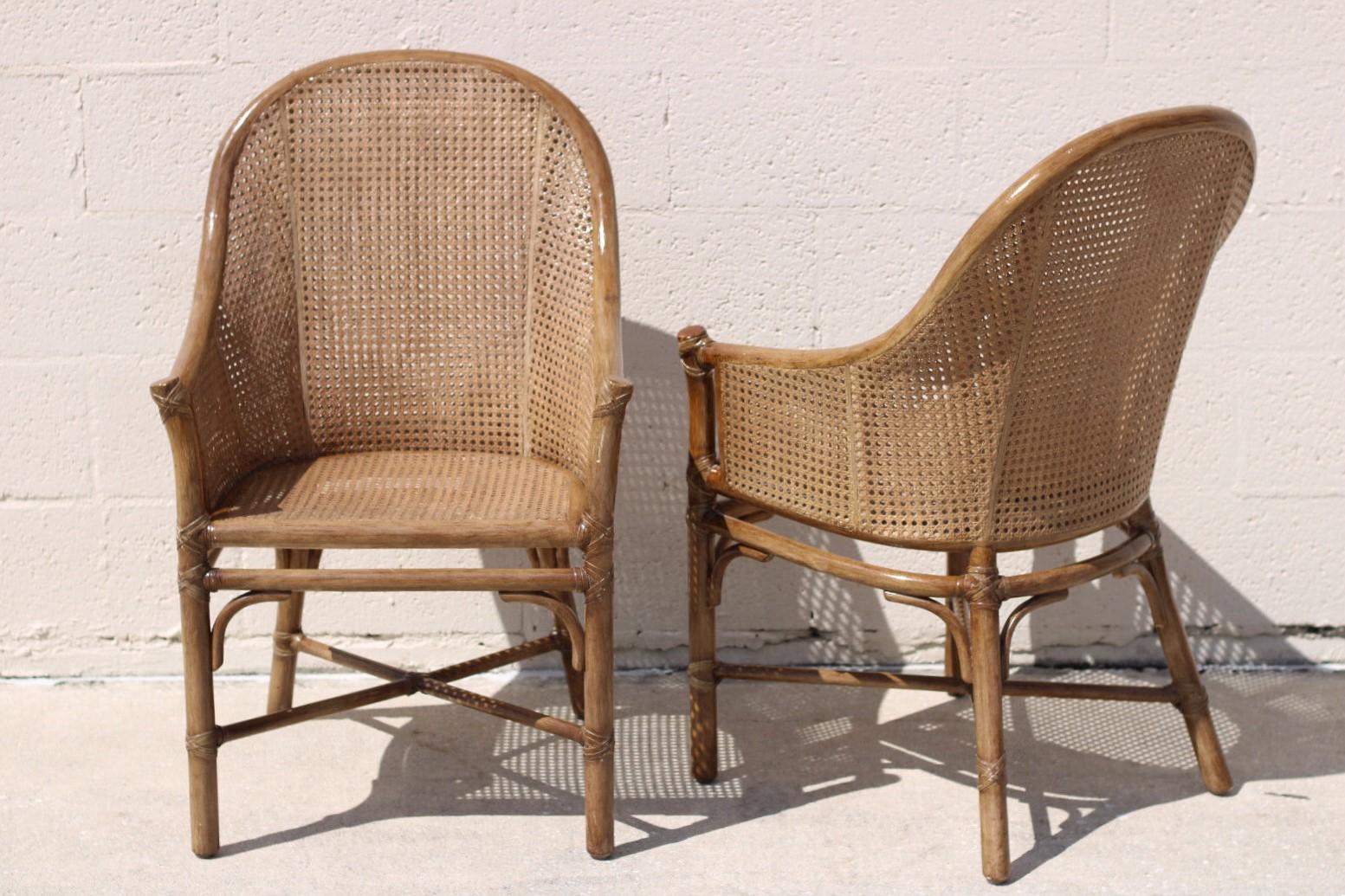 20th Century Elinor McGuire Rattan Caned Barrel Back Arm Chairs, a Pair For Sale