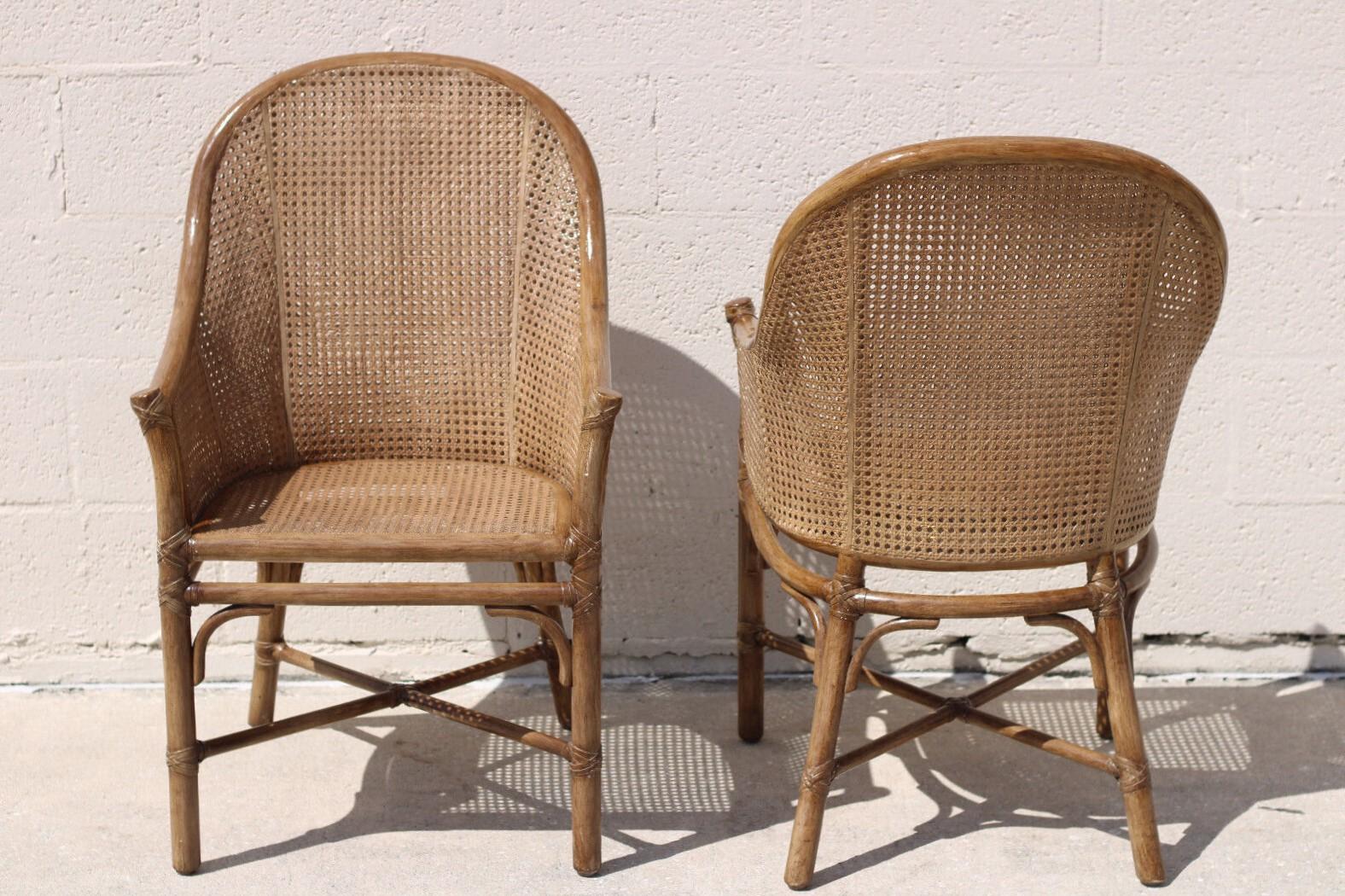 Leather Elinor McGuire Rattan Caned Barrel Back Arm Chairs, a Pair For Sale