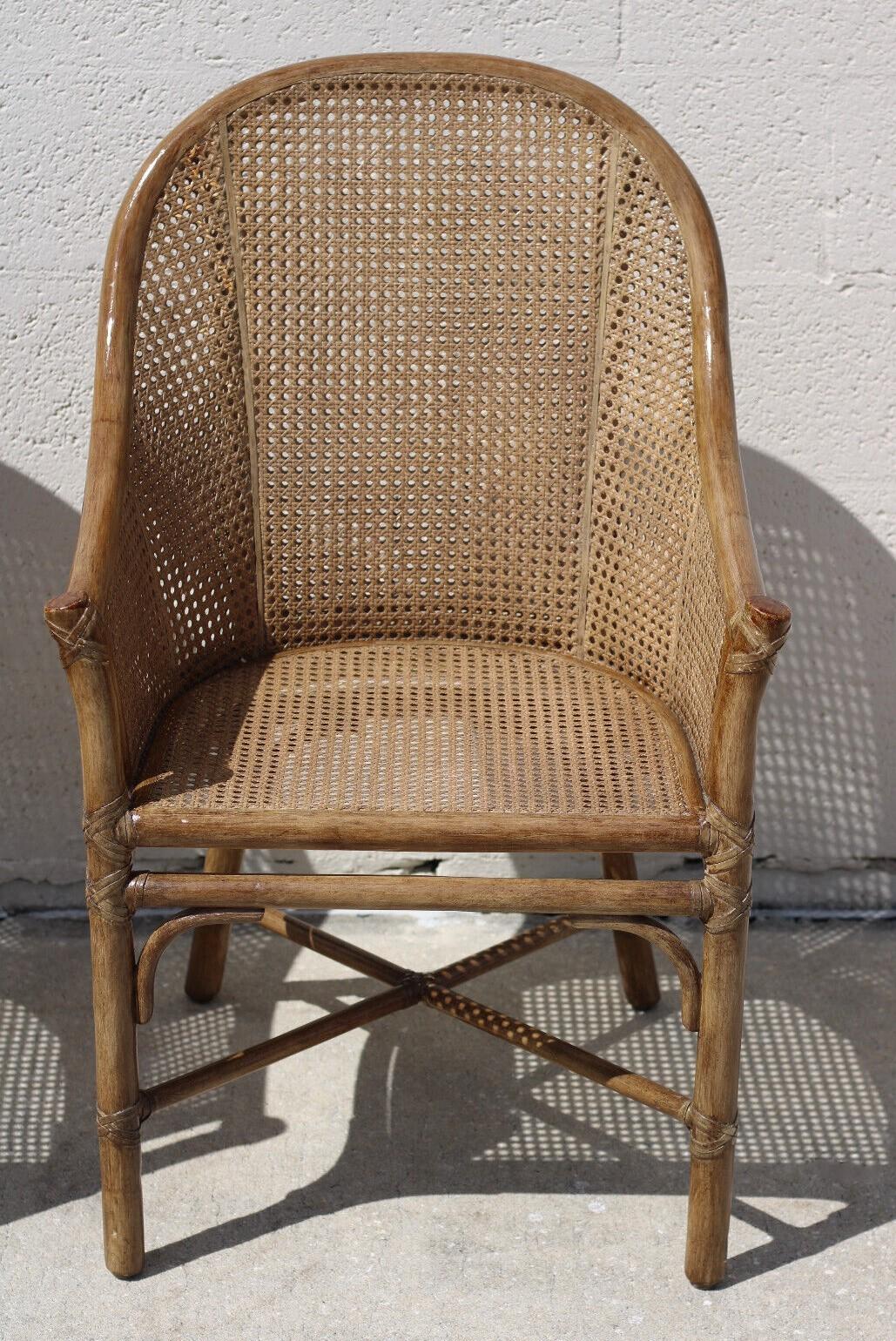 Elinor McGuire Rattan Caned Barrel Back Arm Chairs, a Pair For Sale 1