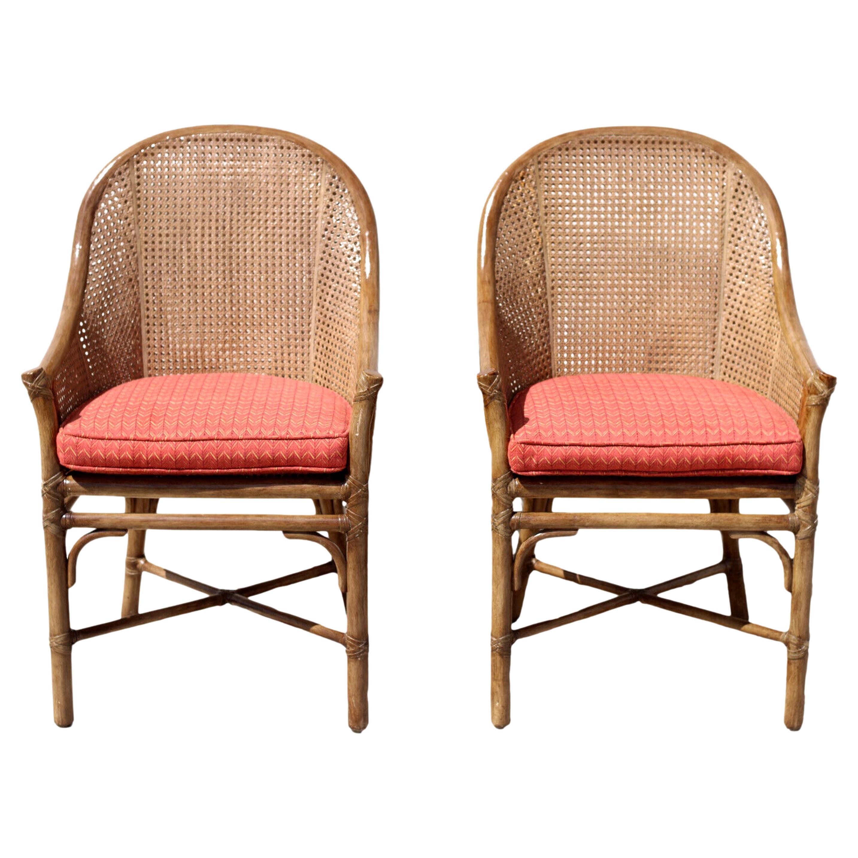 Elinor McGuire Rattan Caned Barrel Back Arm Chairs, a Pair For Sale