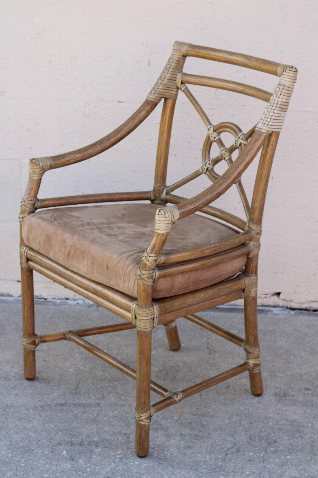 American Elinor McGuire Rattan Target Arm Chairs or Dining Chairs, a Pair For Sale