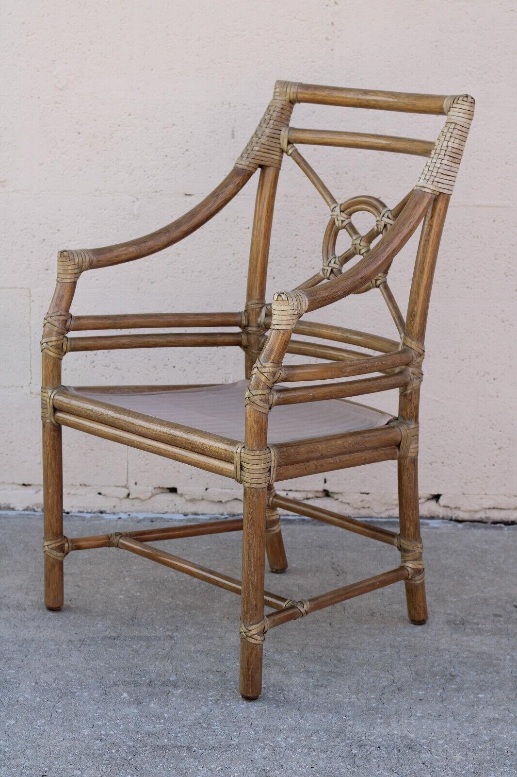 Elinor McGuire Rattan Target Arm Chairs or Dining Chairs, a Pair In Good Condition For Sale In Vero Beach, FL