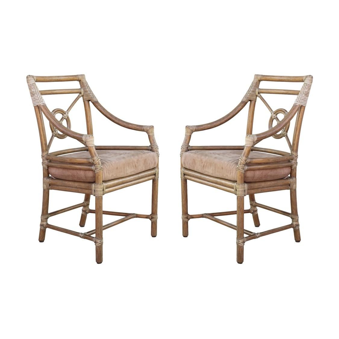 American Elinor McGuire Rattan Target Armchairs or Dining Chairs, a Set of Six