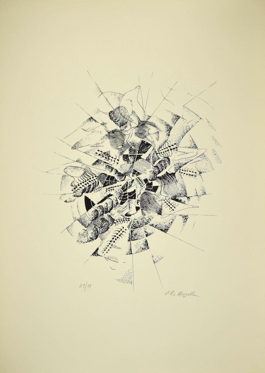 Composition is an original lithograph on paper realized by the Italian artist Elio Mazzella (b. Naples, 1938).

Hand-signed on the lower right.

Good conditions, 

Numbered, Edition 29/99.

The artwork represents an abstract composition in a well-