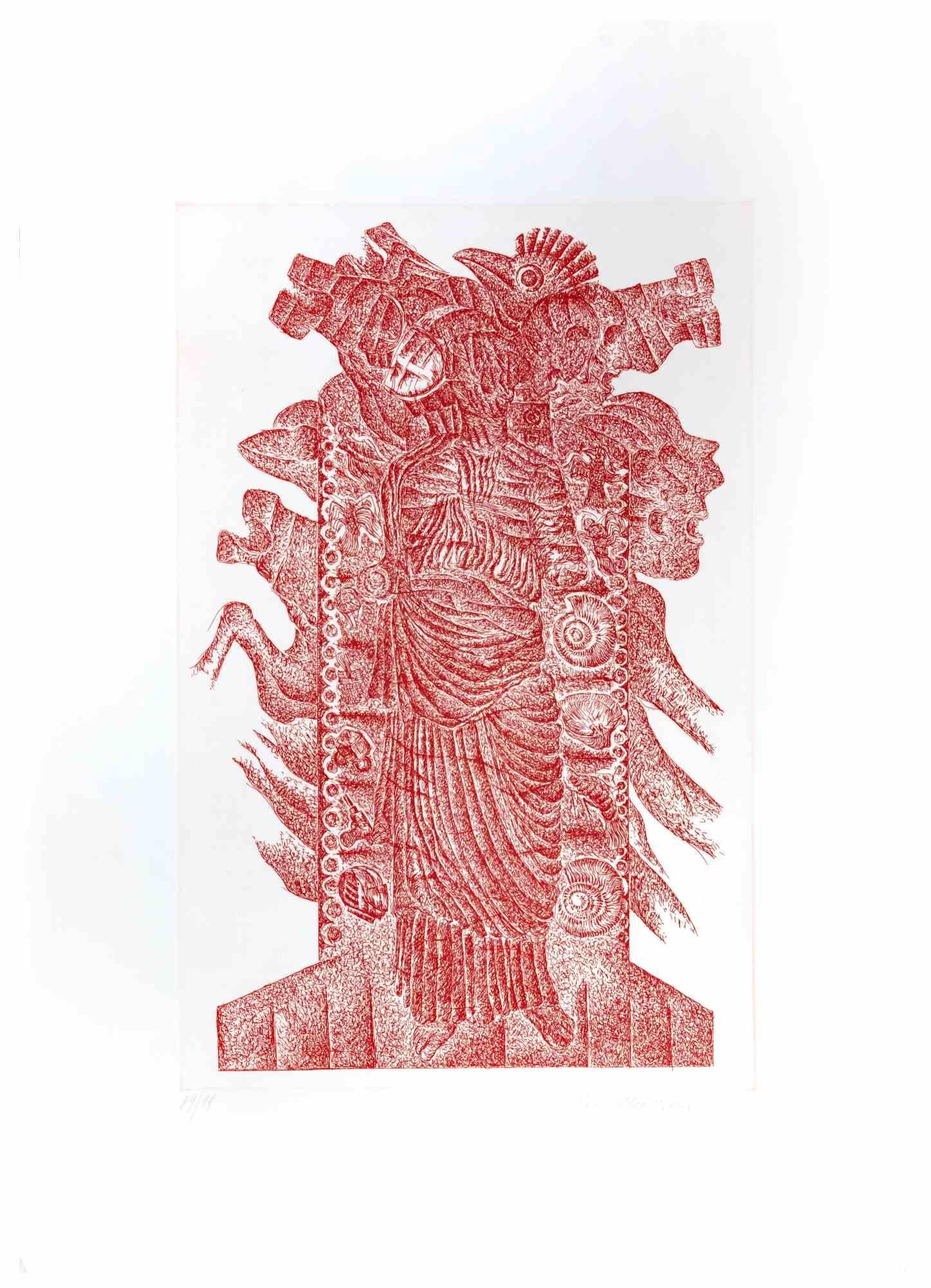 Totem is an original red-ink etching on paper realized by the Italian artist Elio Mazzella (b. Naples, 1938).

Hand-signed in pencil by the artist on the lower right margin.

Numbered in pencil on the lower left margin. This is a fine specimen from