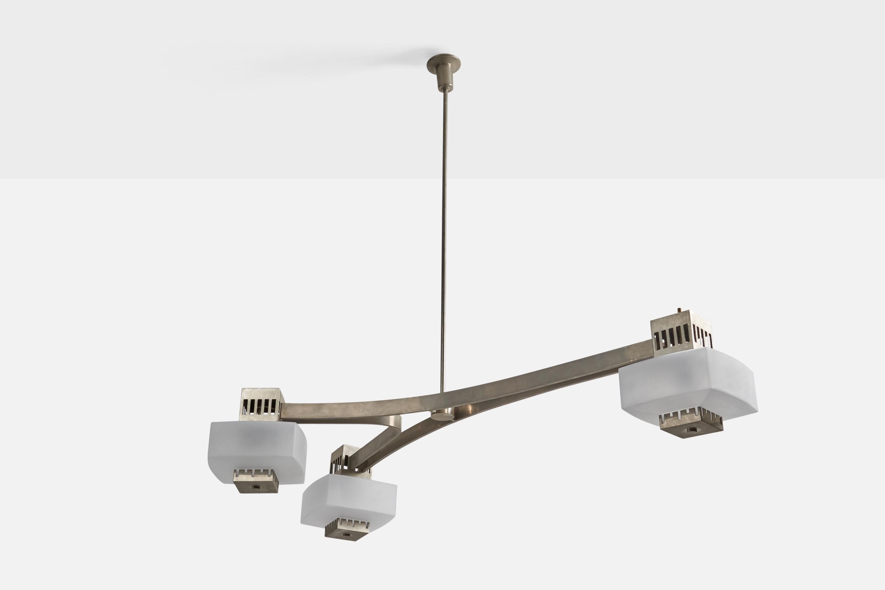 A nickel-plated brass and acrylic chandelier, designed by Elio Monesi and produced by Arredoluce, Italy, c. 1960.

Dimensions of Canopy (inches) : 3.56 x 3.96 x 3.96 (Height x Width x Depth)

Sockets take standard E-26 medium base