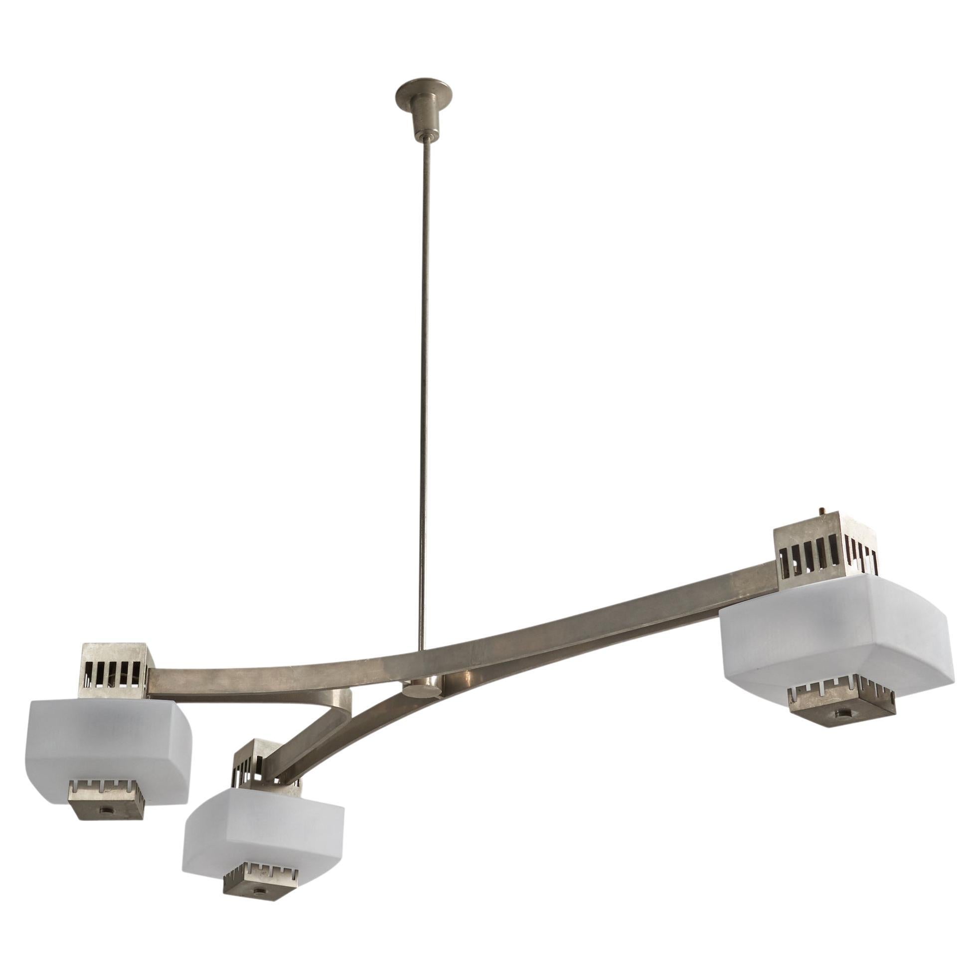 Elio Monesi, Chandelier, Nickel-Plated Brass, Acrylic, Arredoluce Italy, 1960 For Sale