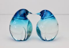 Elio Raffaeli Signed Blue 'Sommerso' Murano Glass Penguins or Bird Figures