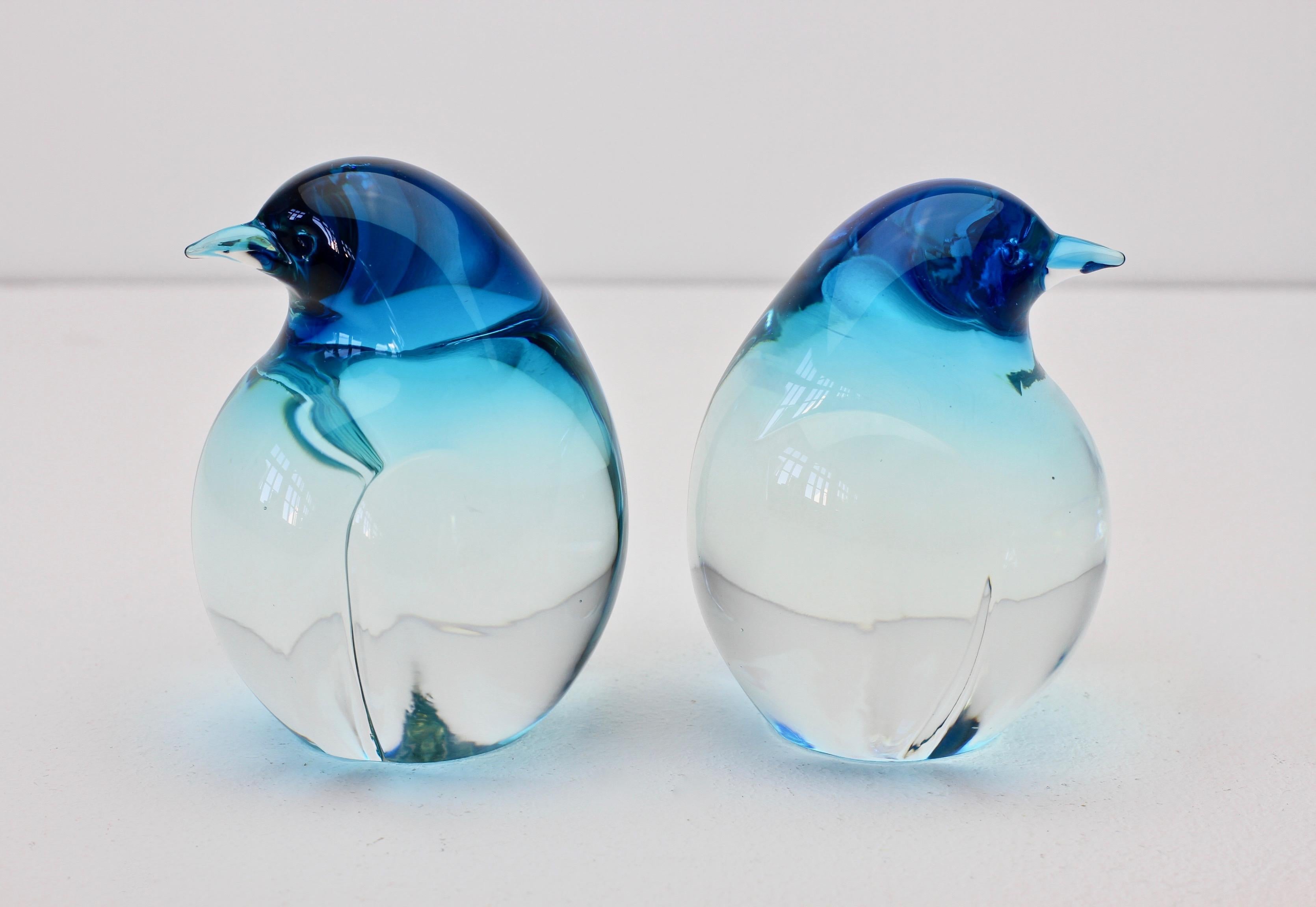 Mid-Century Modern Elio Raffaeli Signed Blue 'Sommerso' Murano Glass Penguins or Bird Figures