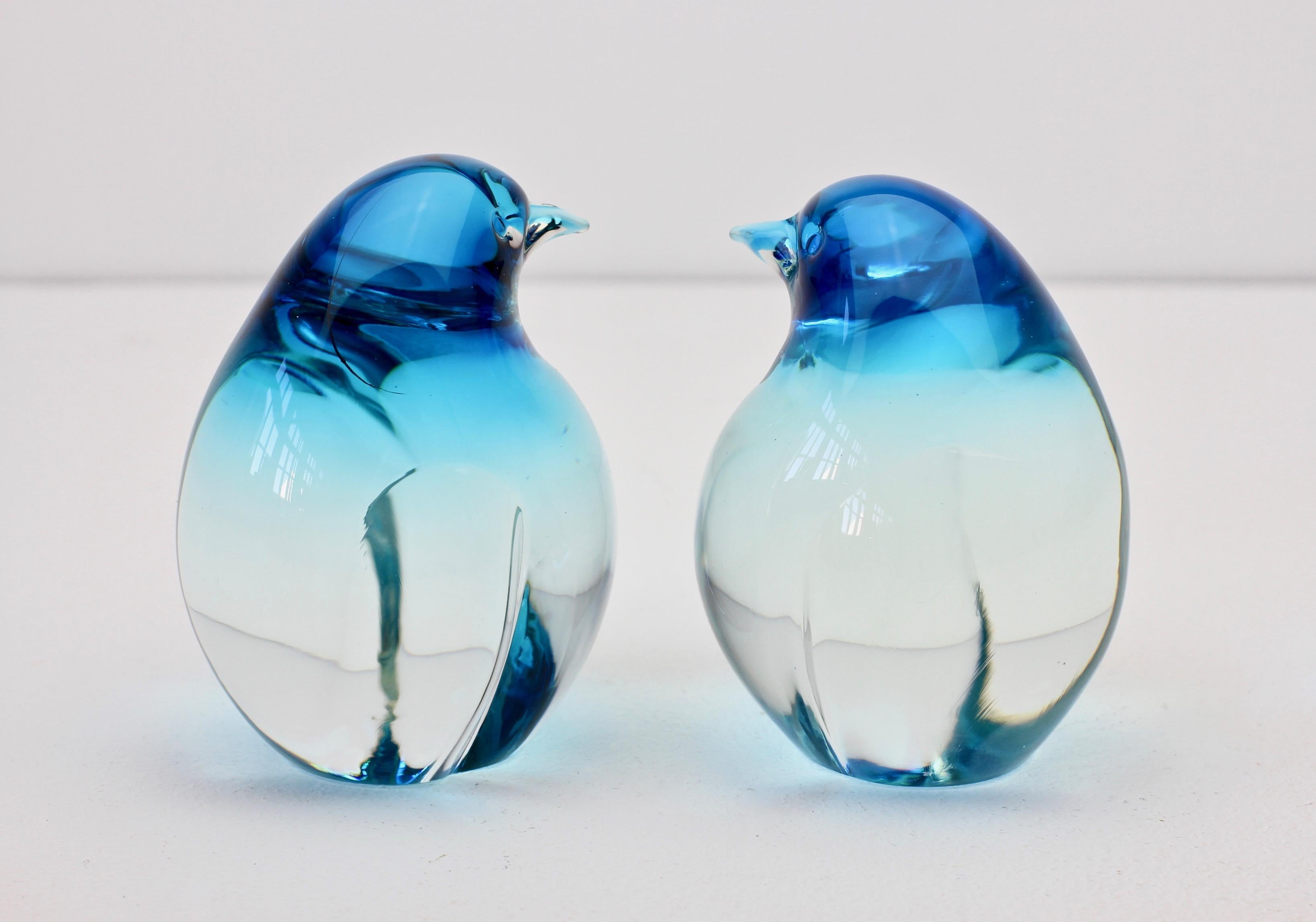 Italian Elio Raffaeli Signed Blue 'Sommerso' Murano Glass Penguins or Bird Figures