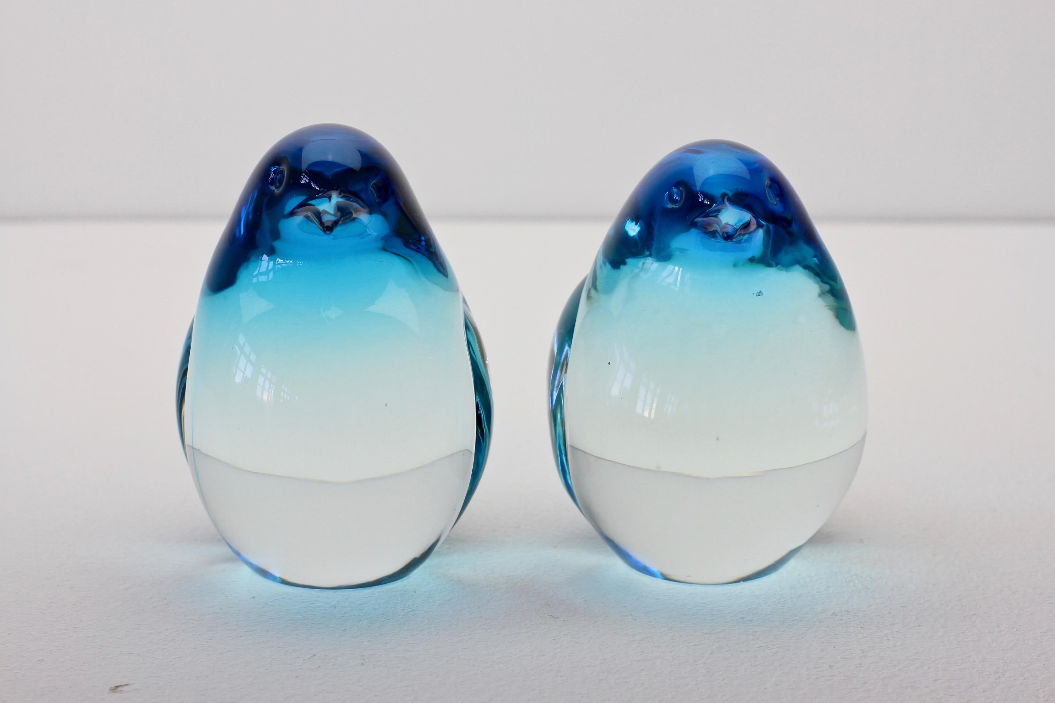 20th Century Elio Raffaeli Signed Blue 'Sommerso' Murano Glass Penguins or Bird Figures