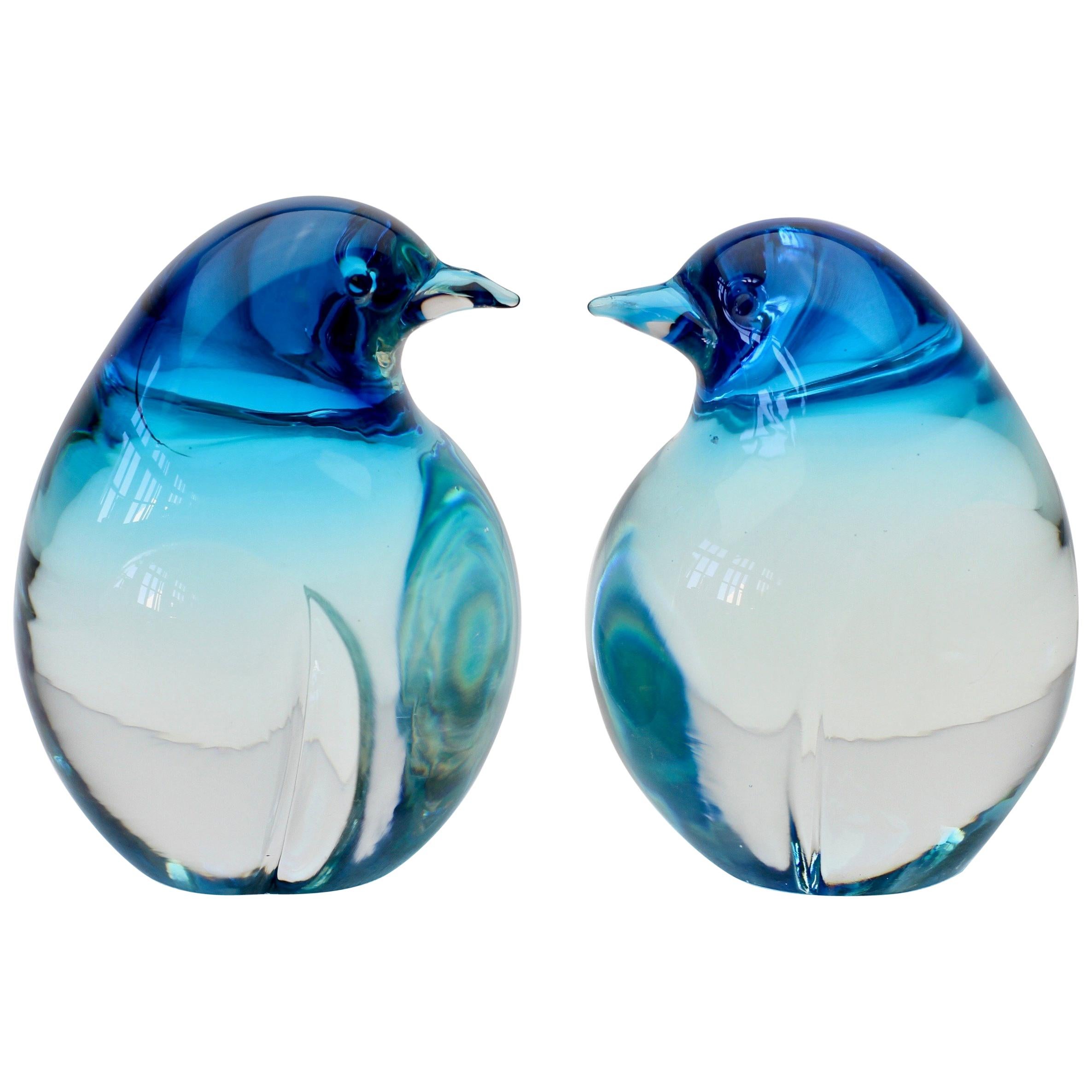 Elio Raffaeli Signed Blue 'Sommerso' Murano Glass Penguins or Bird Figures
