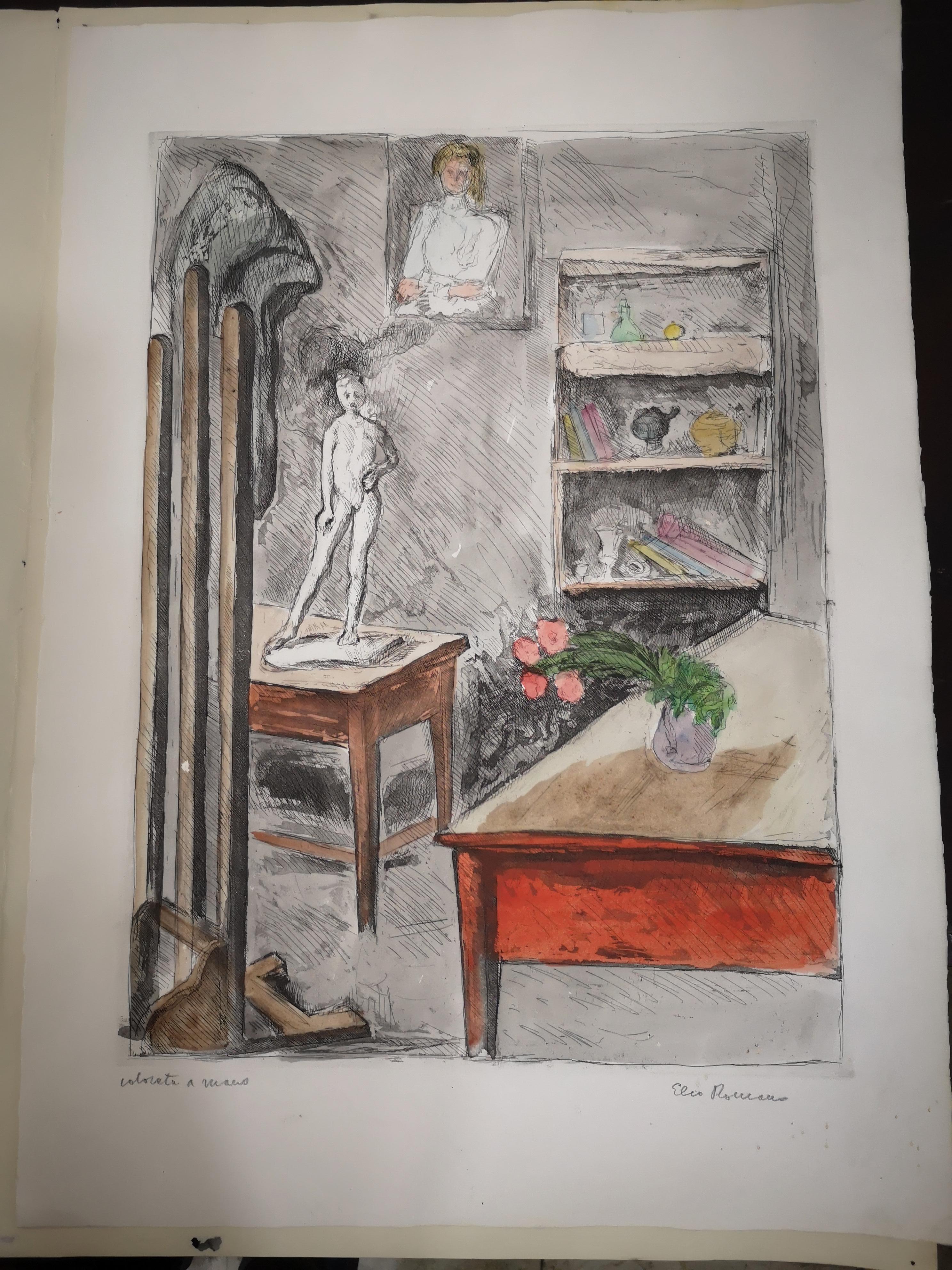 Elio Romano - Studio Dell'Artista - Handkolorierte Gravur im Angebot 4