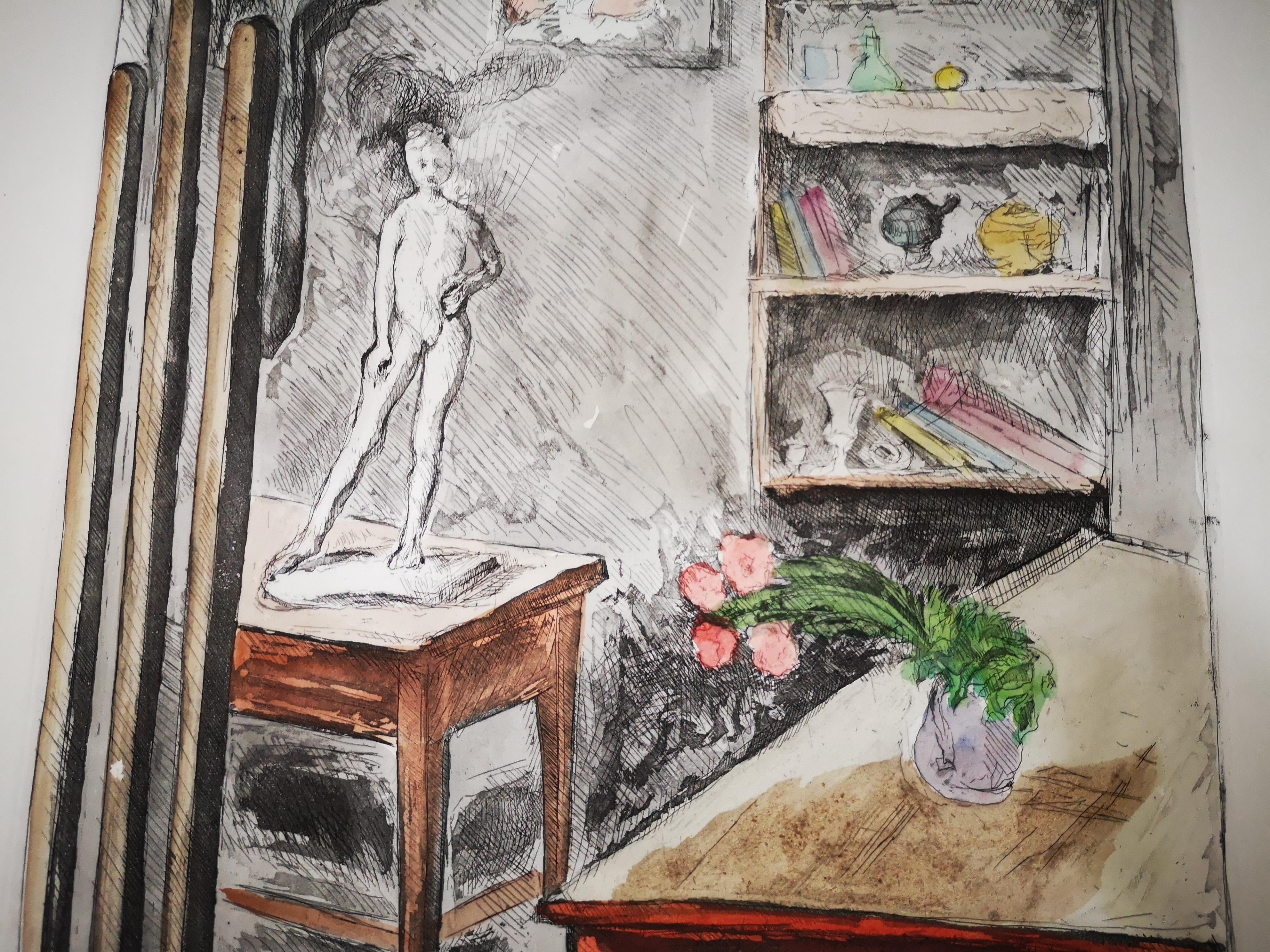 Elio Romano - Studio Dell'Artista - Handkolorierte Gravur im Angebot 1