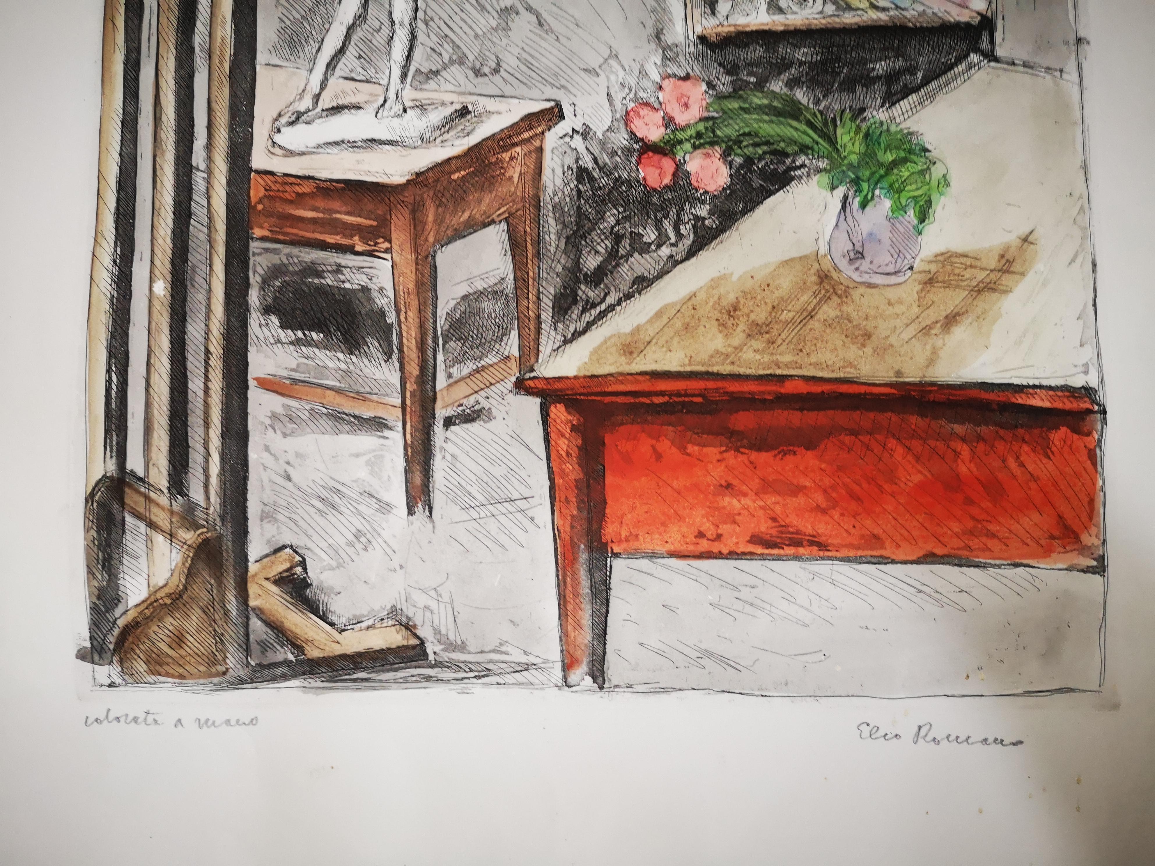 Elio Romano - Studio Dell'Artista - Handkolorierte Gravur im Angebot 2