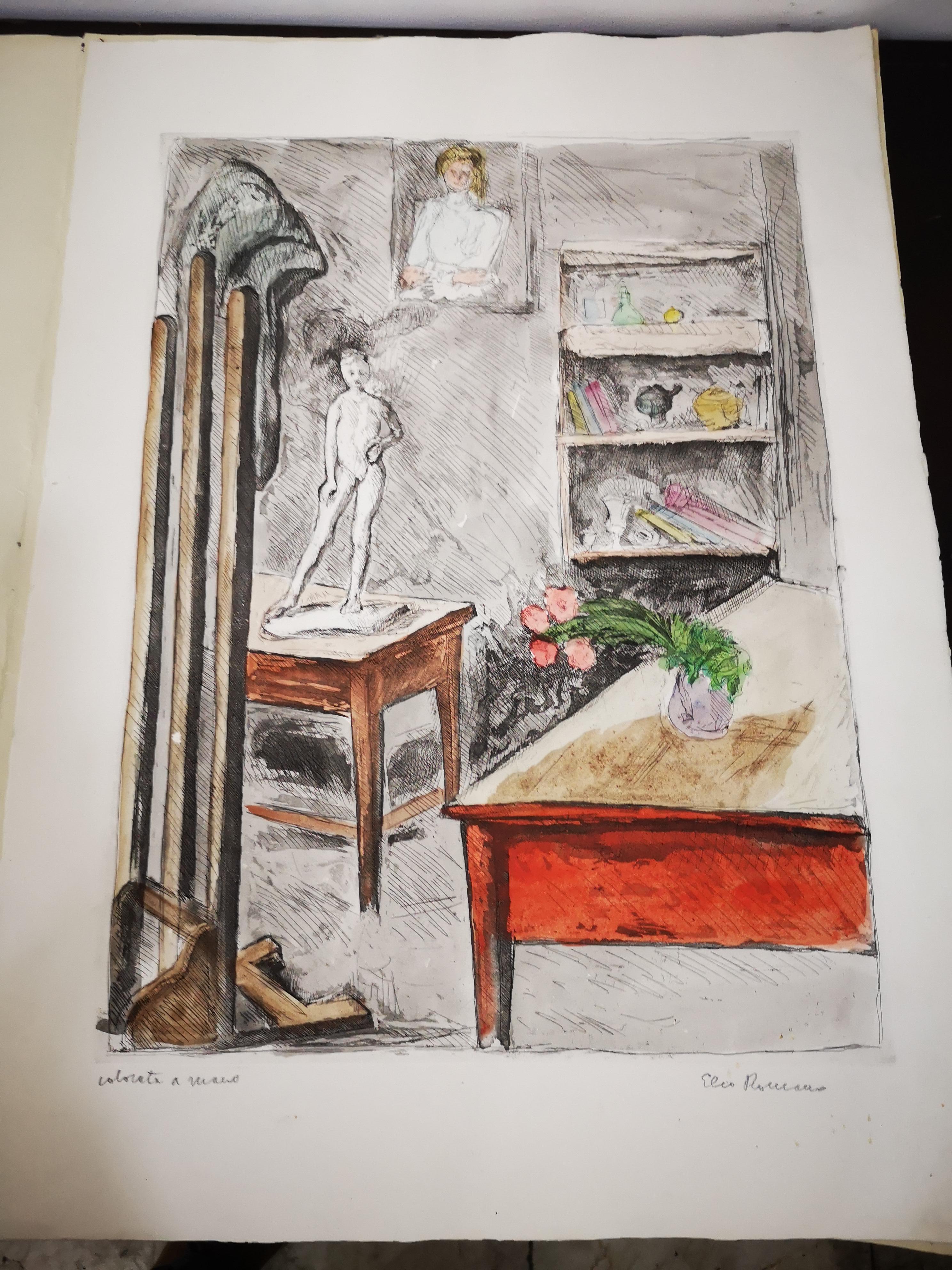 Elio Romano - Studio Dell'Artista - Handkolorierte Gravur im Angebot 3