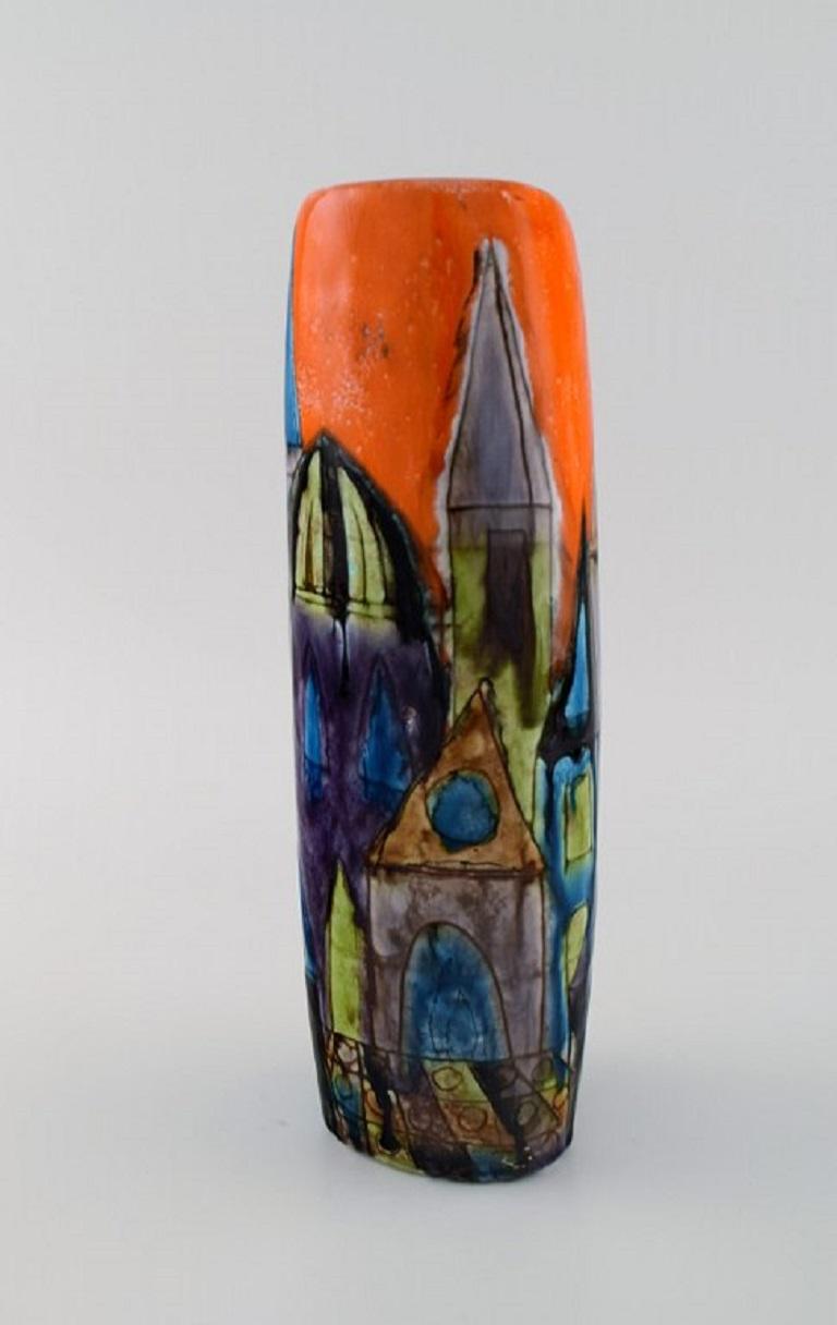 Mid-Century Modern Vase unique en céramique émaillée à motif de ville d'Elio Schiavon, Italie en vente