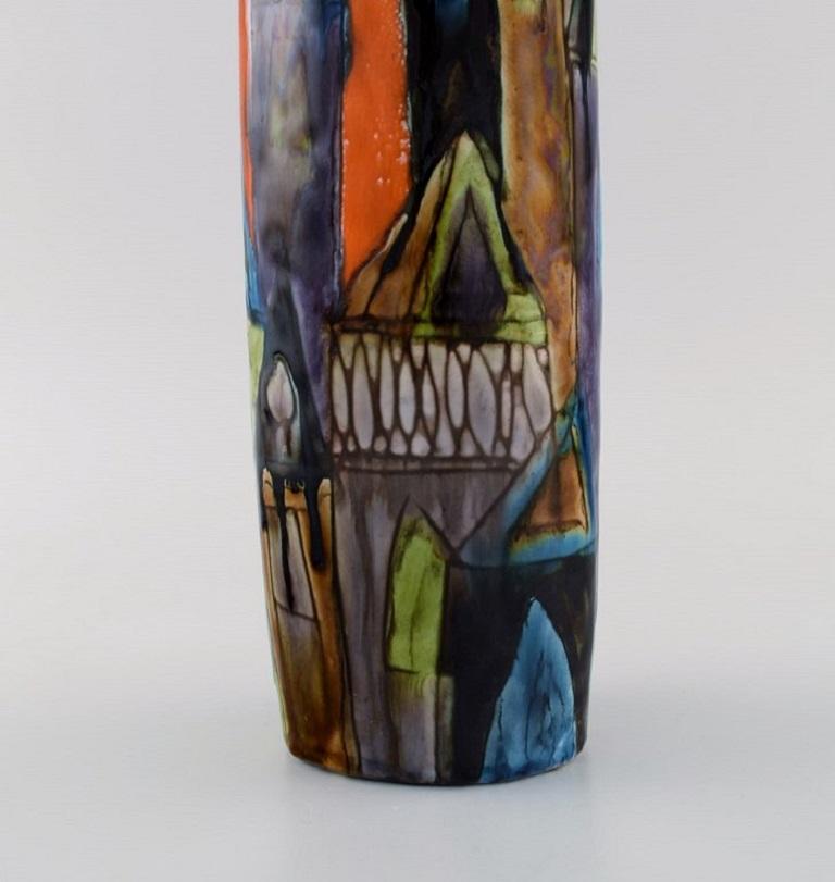 Hand-Painted Elio Schiavon, Italy, Unique Vase in Glazed Ceramics with City Motif For Sale