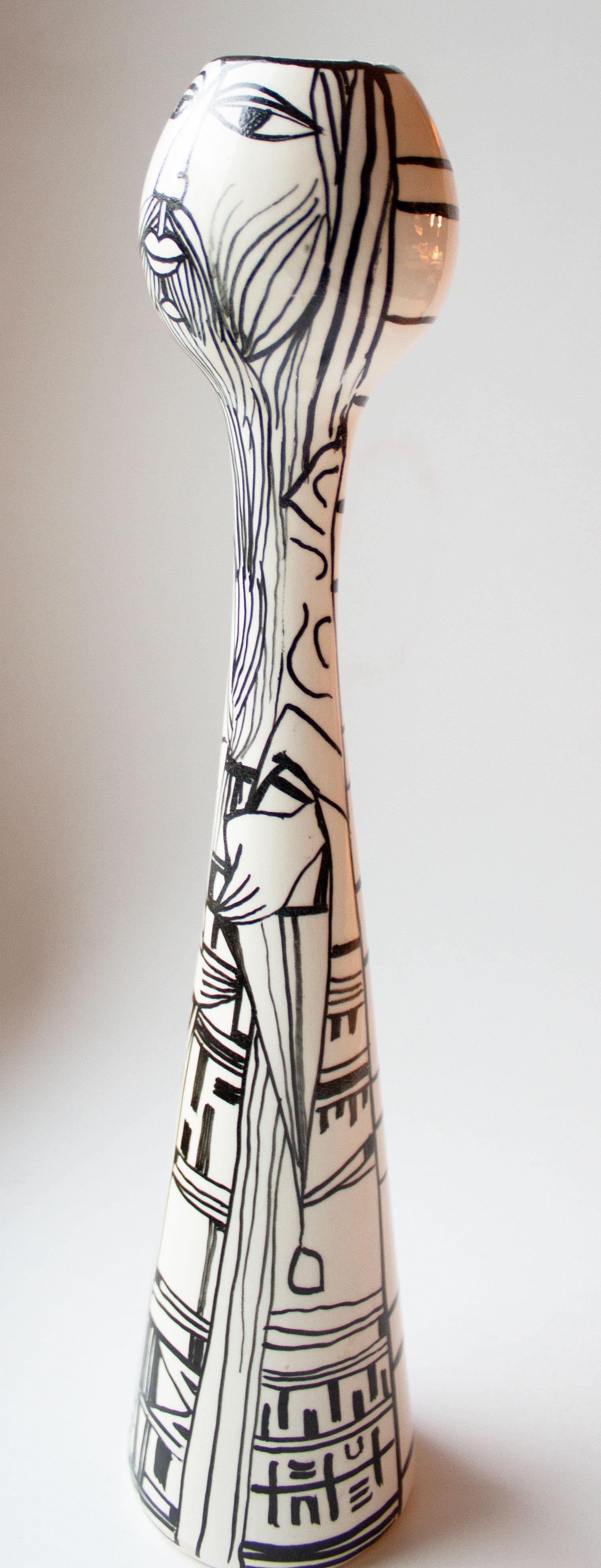 Elio Schiavon Jarrón gráfico de cerámica de Studio A pintado a mano, años 50 Gres en venta