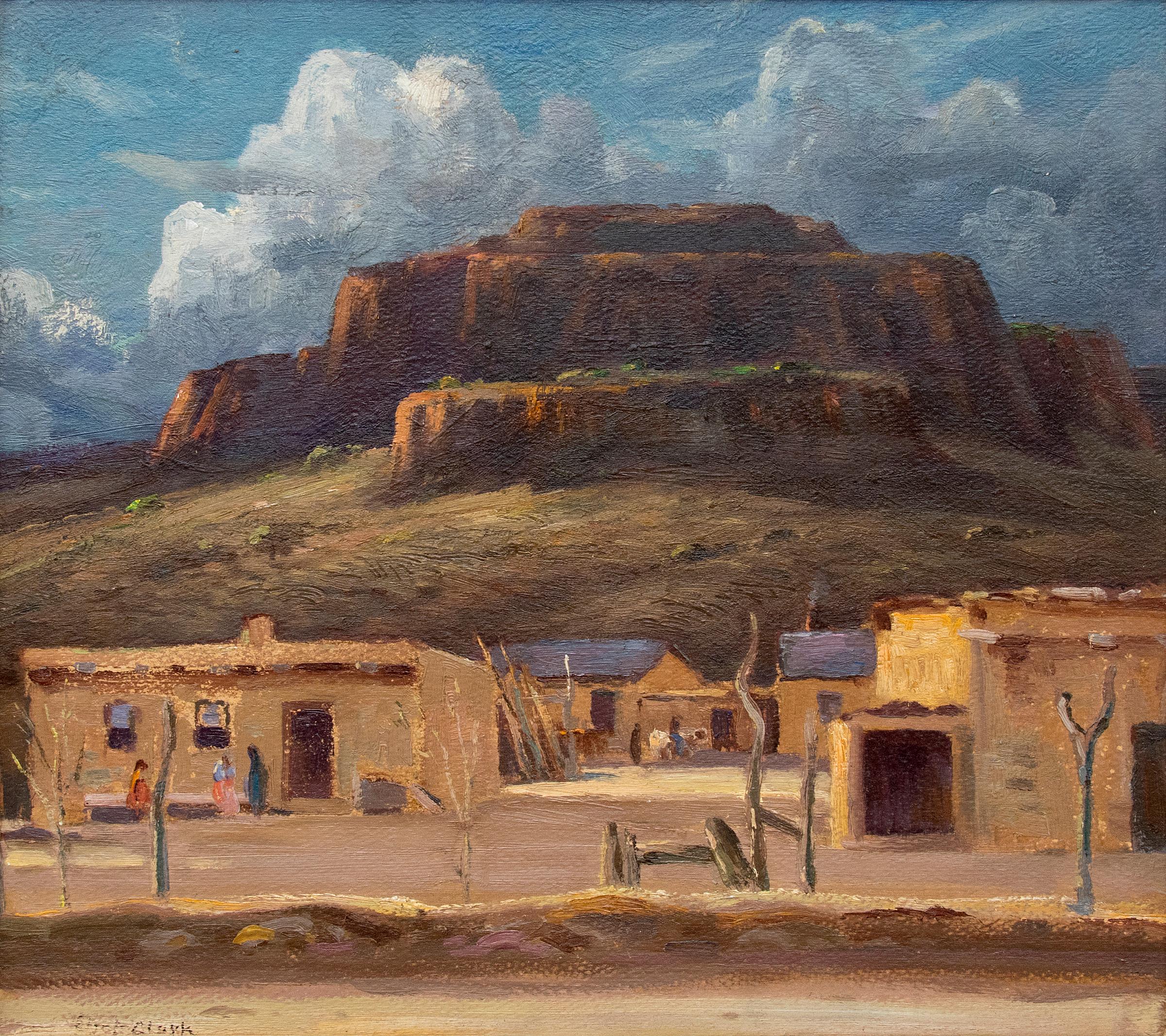 Pueblo près de Santa Fe, Nouveau-Mexique, peinture à l'huile de paysage du sud-ouest des années 1930 - Modernisme américain Painting par Eliot Candee Clark