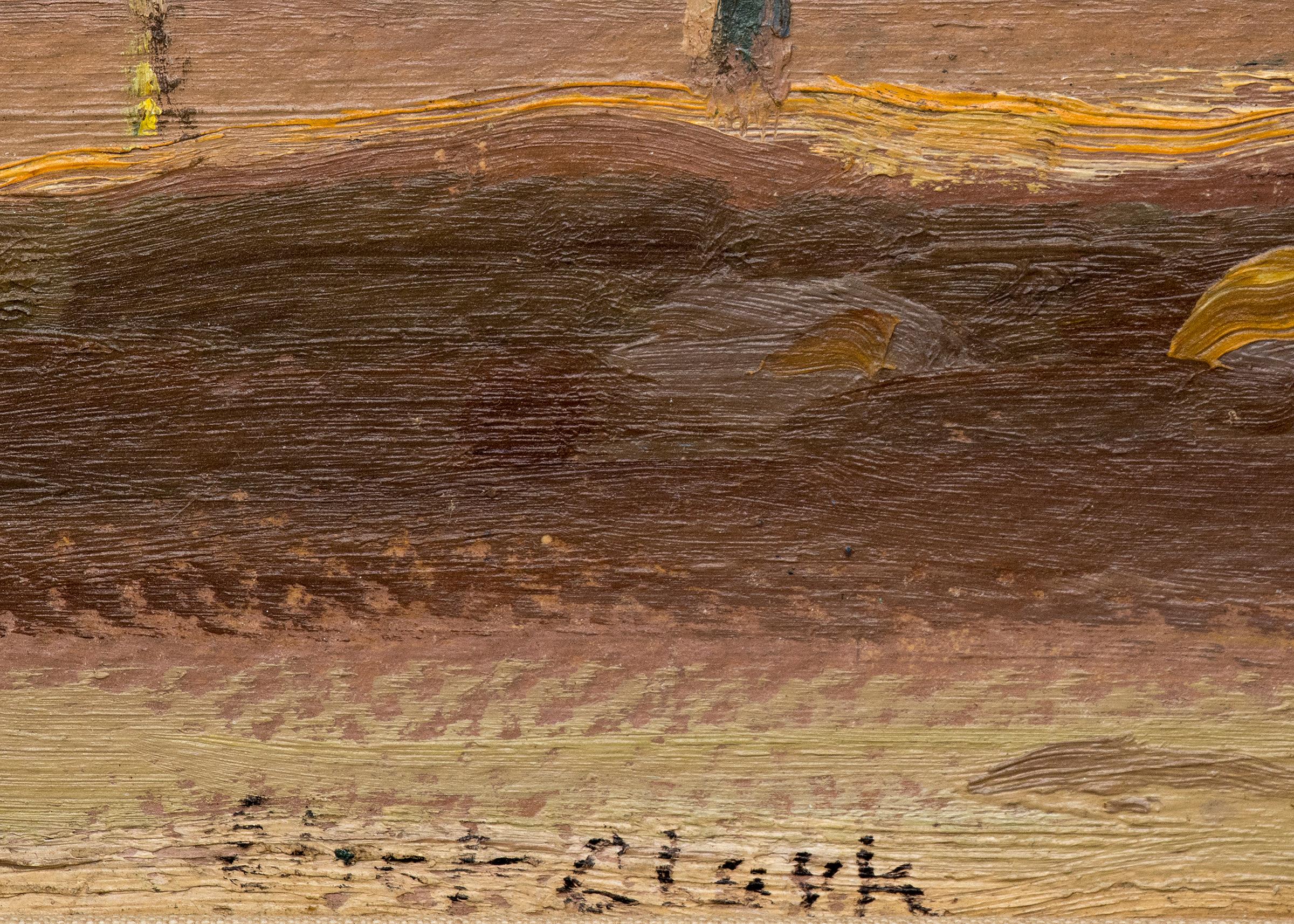 Peinture de paysage à l'huile sur panneau représentant un Pueblo près de Santa Fe, au Nouveau Mexique, signée par l'artiste Eliot Candee Clark (1883-1980), peinte en 1932. Signé par l'artiste dans le coin inférieur gauche. Composé de nuances de
