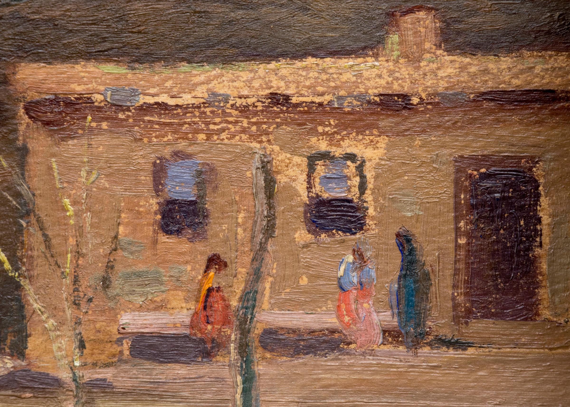 Oil on board landscape painting of a Pueblo near Santa Fe, New Mexico signed by artist Eliot Candee Clark (1883-1980), painted in 1932. Signed by the artist in the lower left corner. Composed of shades of brown, tan, and blue. Presented in a custom