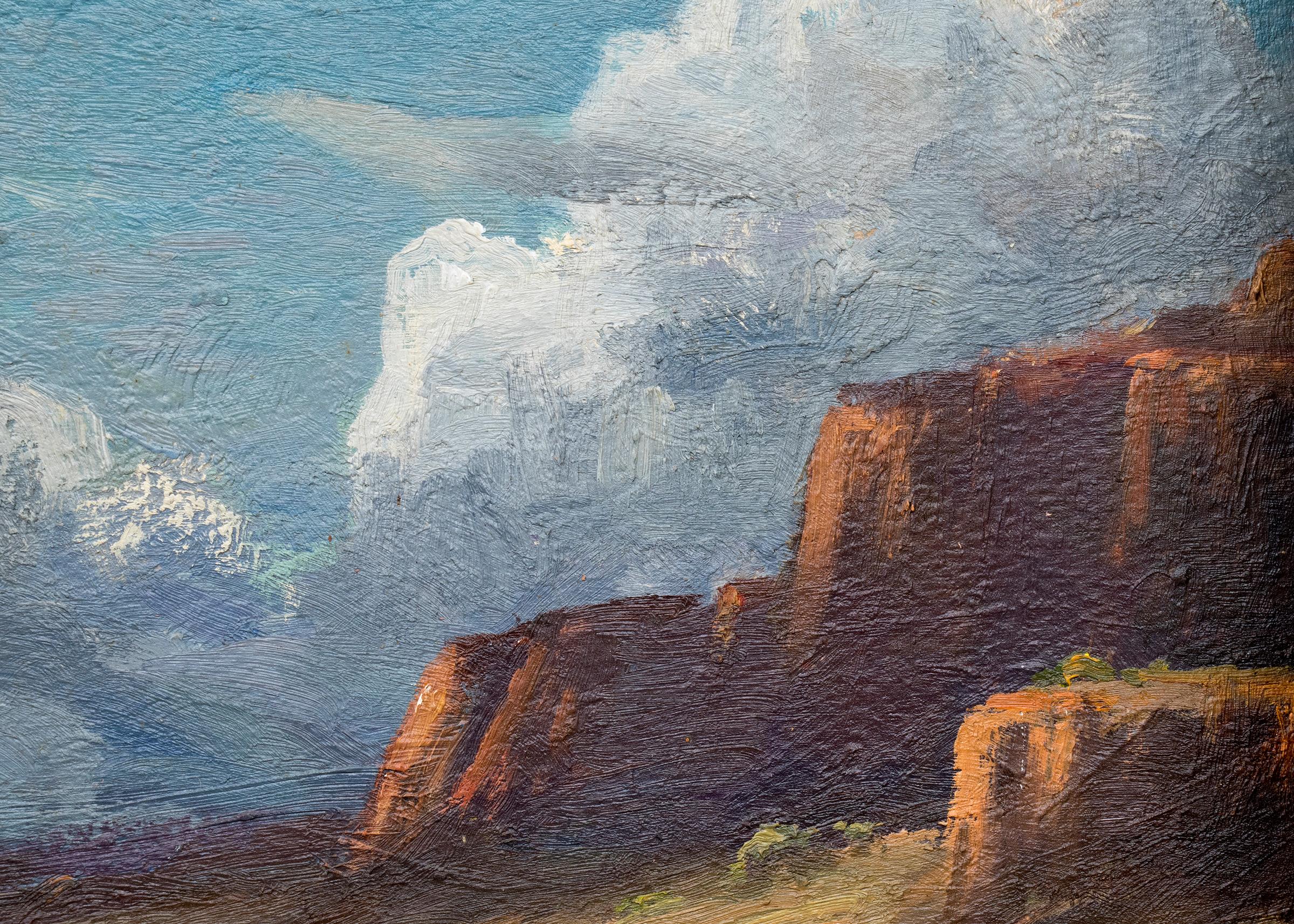 Pueblo près de Santa Fe, Nouveau-Mexique, peinture à l'huile de paysage du sud-ouest des années 1930 en vente 2